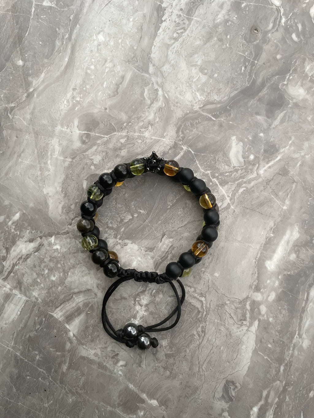 Black Onyx with Black Obsidian, Citrine & Peridot, Black Crown Charm Double Row Beaded Bracelet
