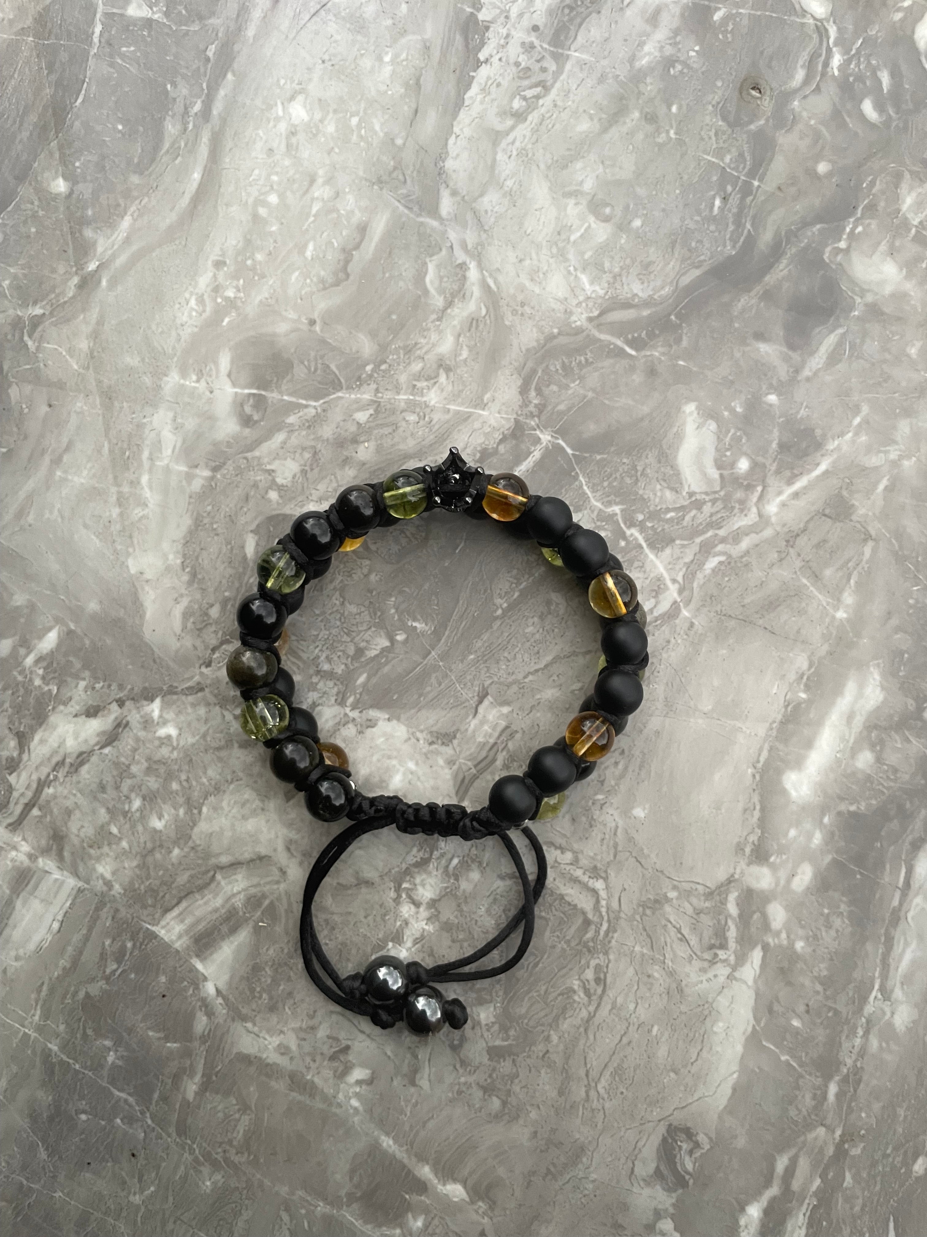 Black Onyx with Black Obsidian, Citrine & Peridot, Black Crown Charm Double Row Beaded Bracelet