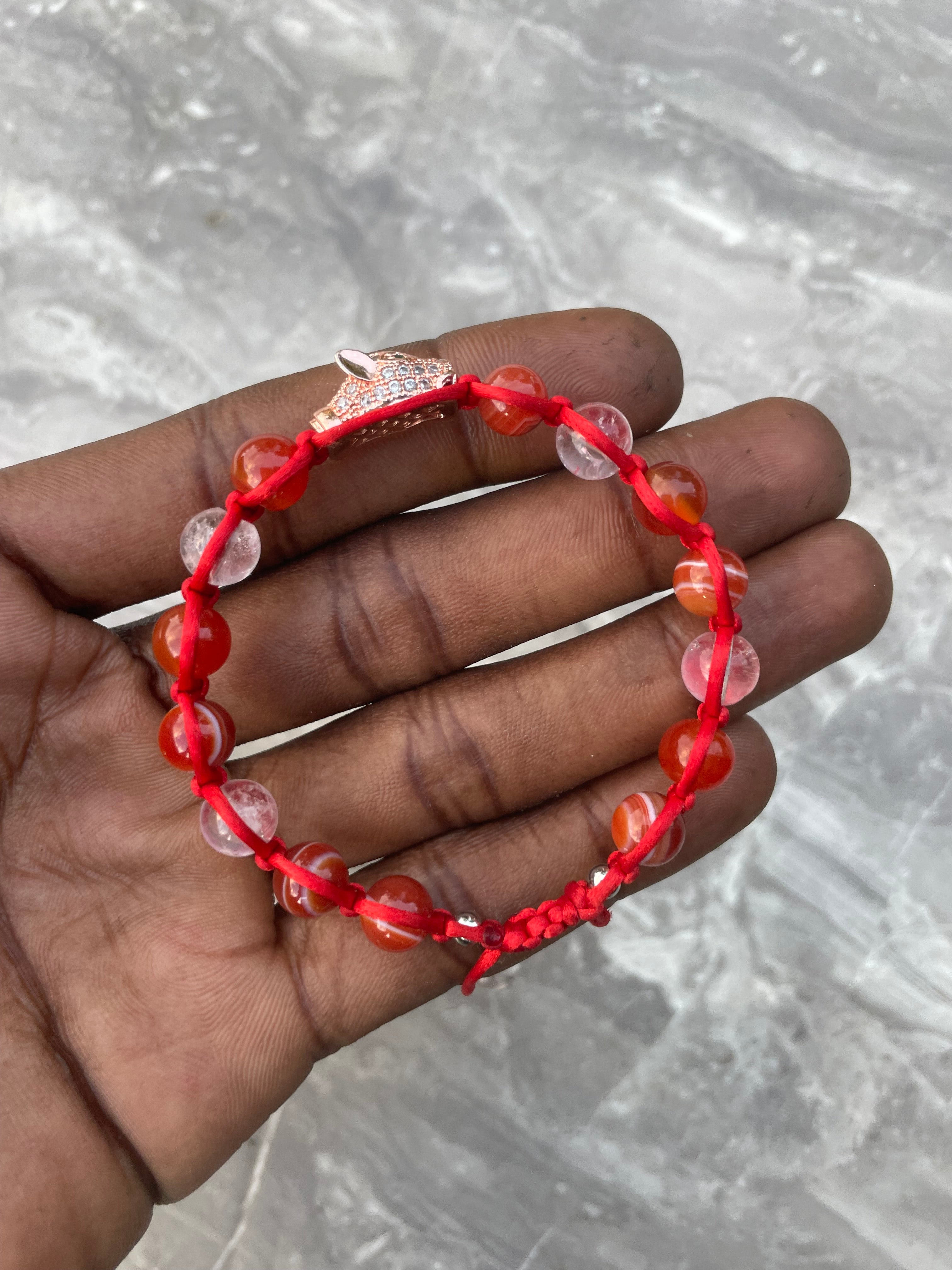 Carnelian & Clear Quartz with Leopard Charm Beaded Bracelet