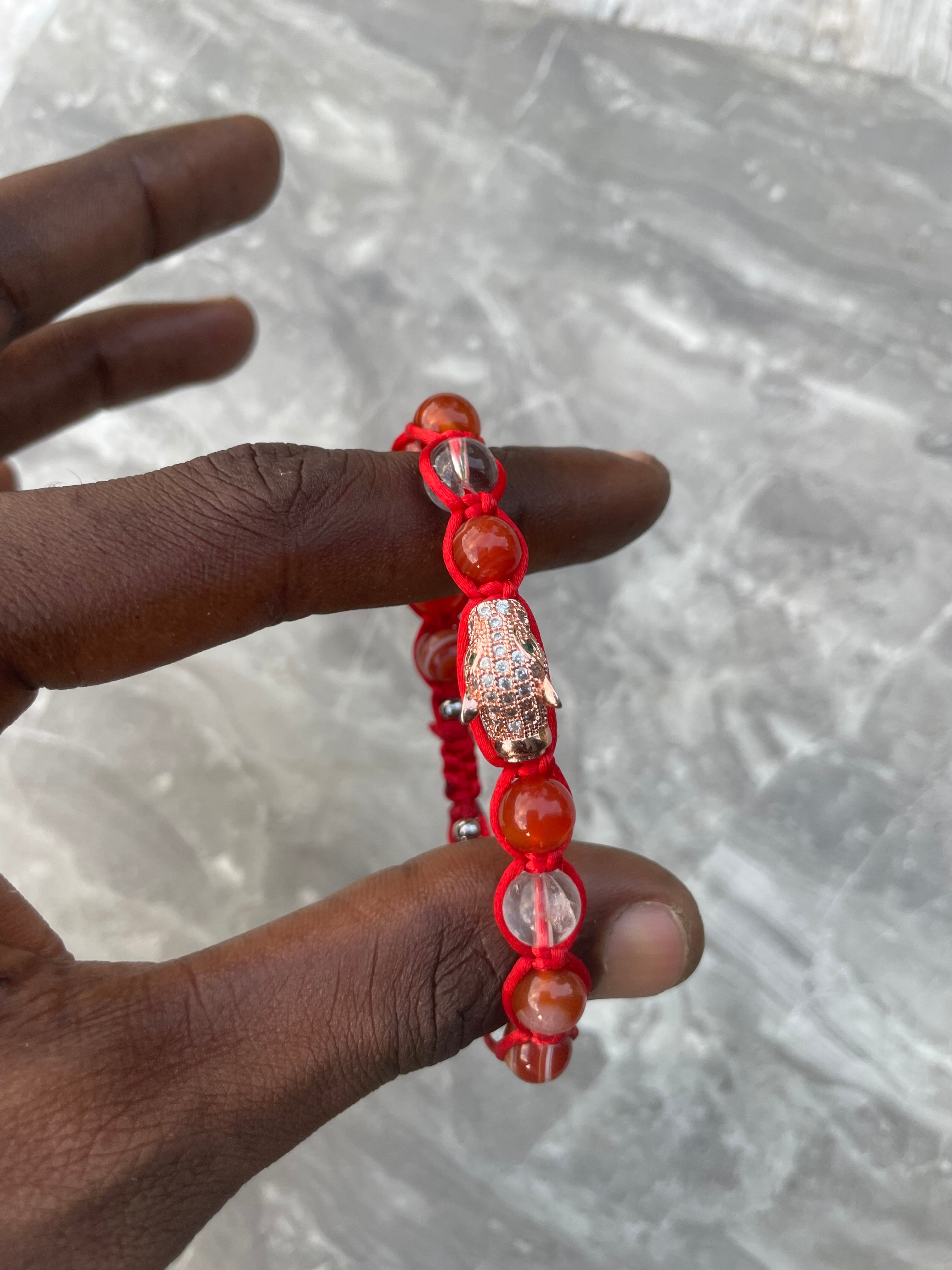 Carnelian & Clear Quartz with Leopard Charm Beaded Bracelet