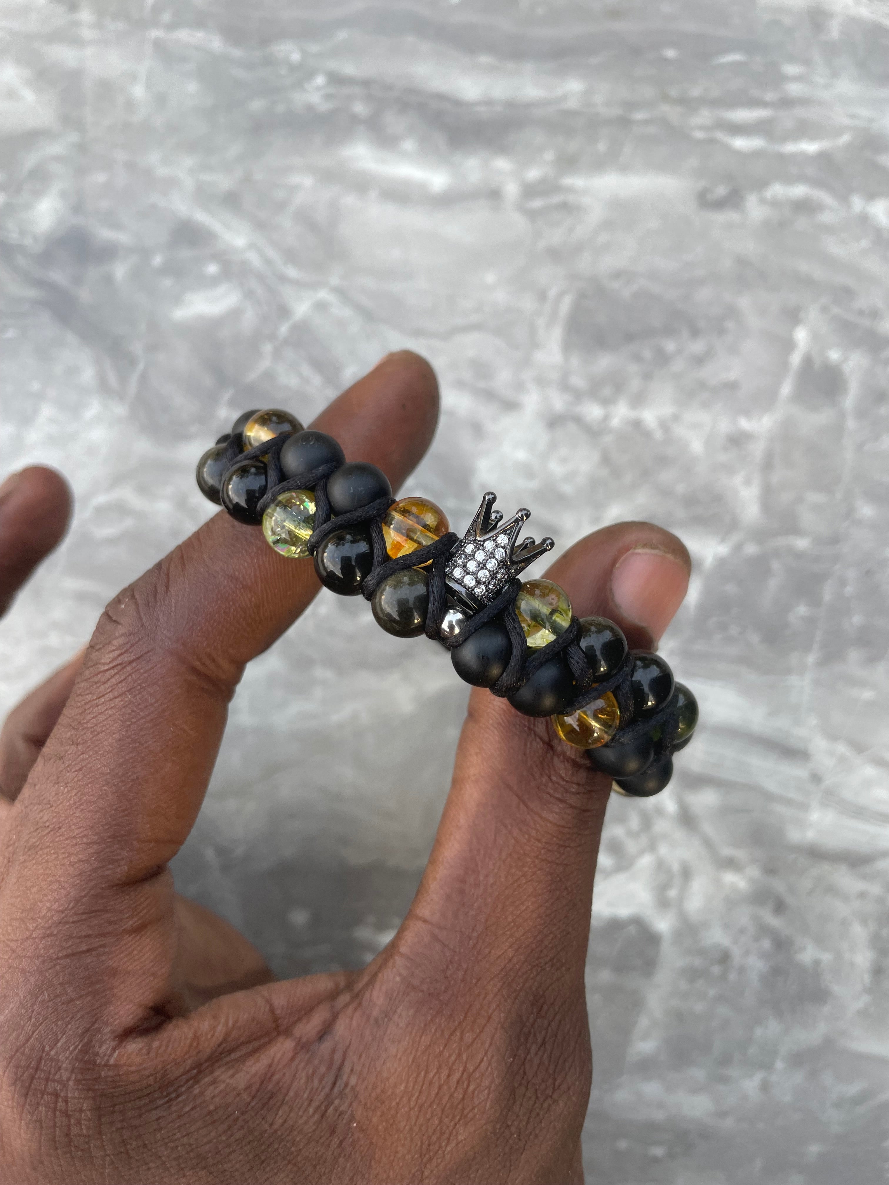 Black Onyx with Black Obsidian, Citrine & Peridot, Black Crown Charm Double Row Beaded Bracelet