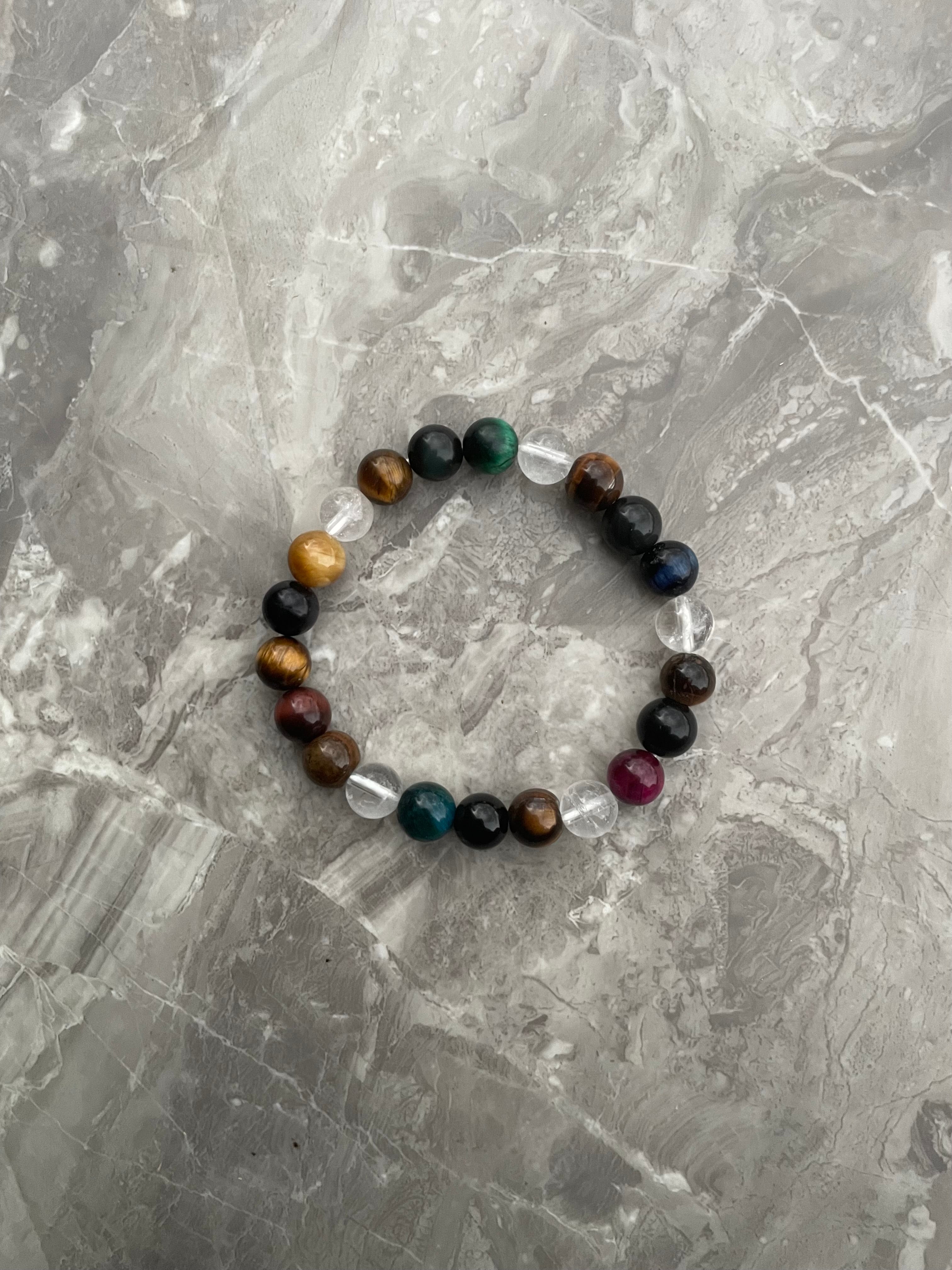 Multi-Coloured Tiger’s Eye with Clear Quartz Beaded Bracelet