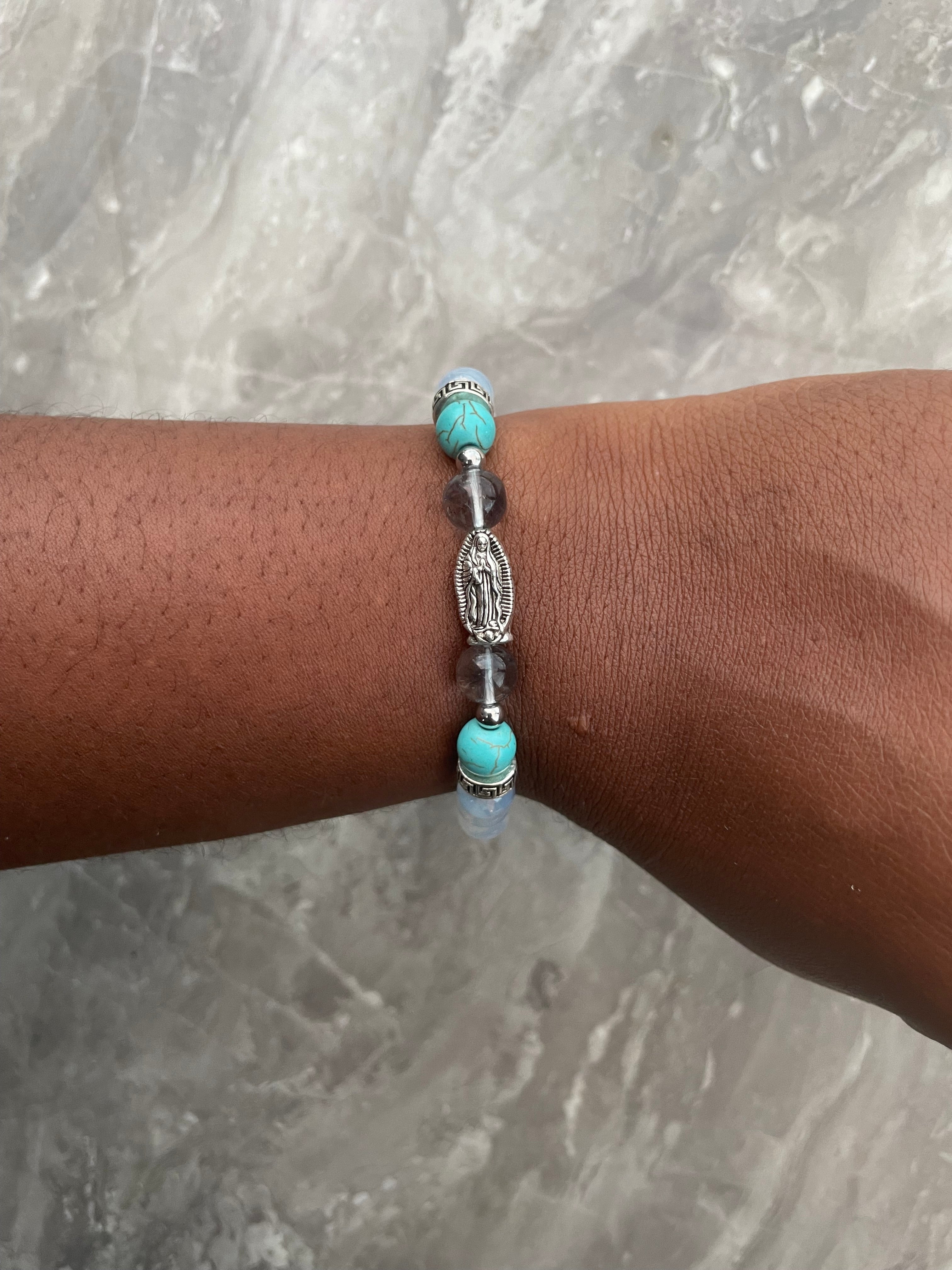 Opalite & Turquoise with Virgin Mary Charm Beaded Bracelet