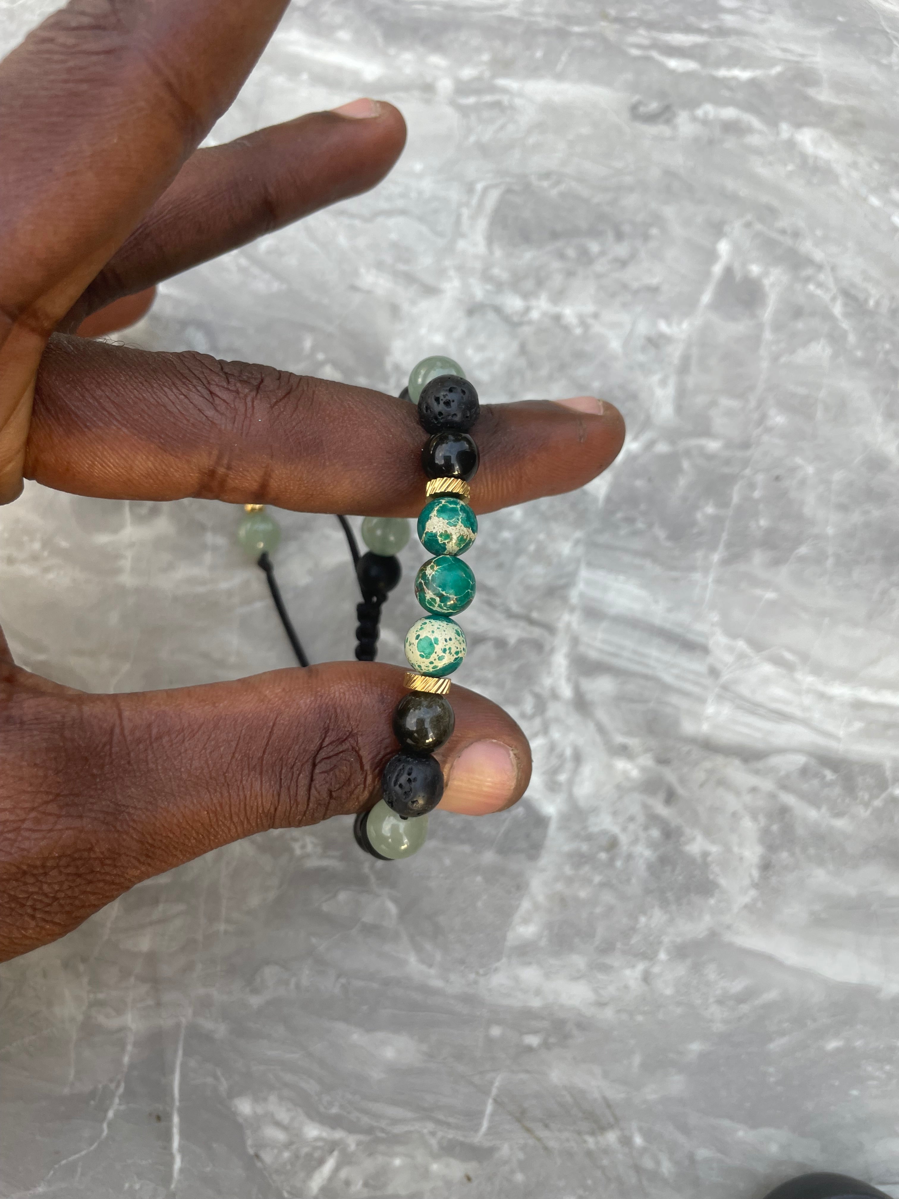 Green Imperial Jasper with Green Aventurine, Black Obsidian & Black Onyx Beaded Bracelet