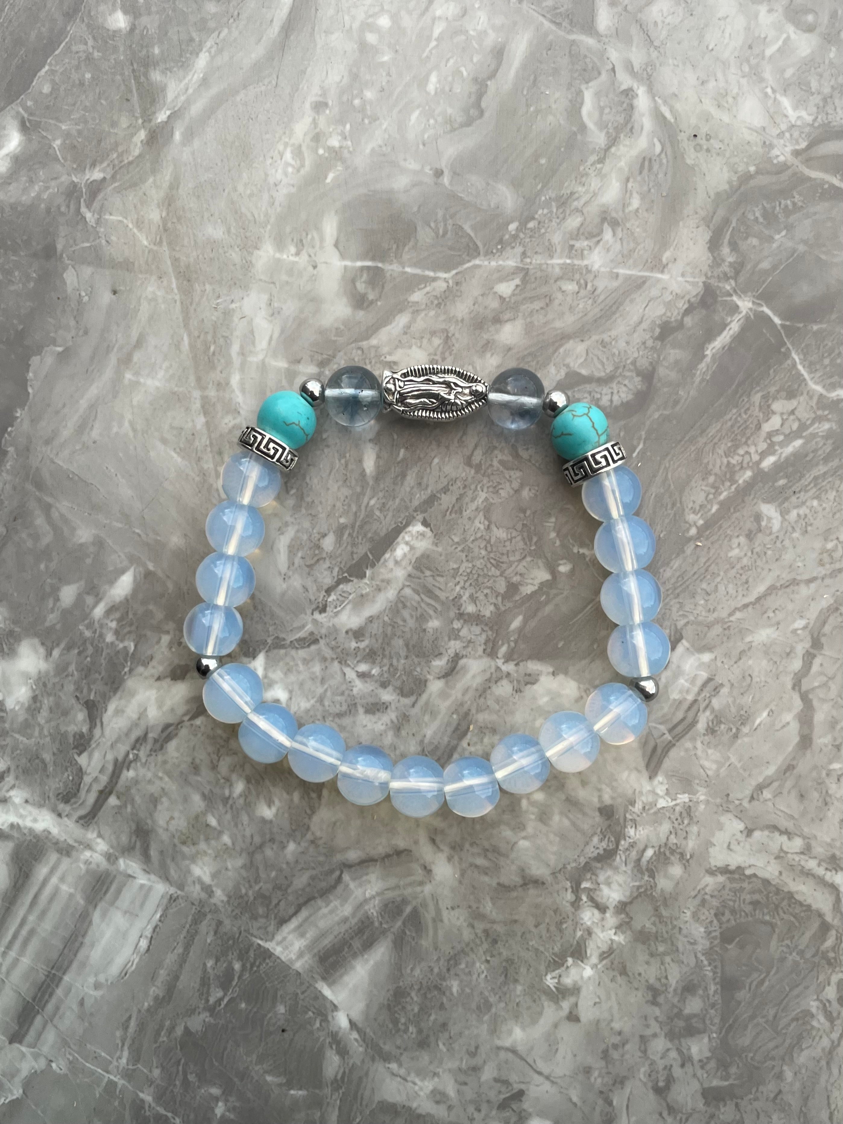 Opalite & Turquoise with Virgin Mary Charm Beaded Bracelet