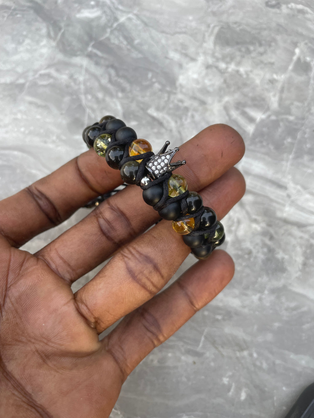 Black Onyx with Black Obsidian, Citrine & Peridot, Black Crown Charm Double Row Beaded Bracelet