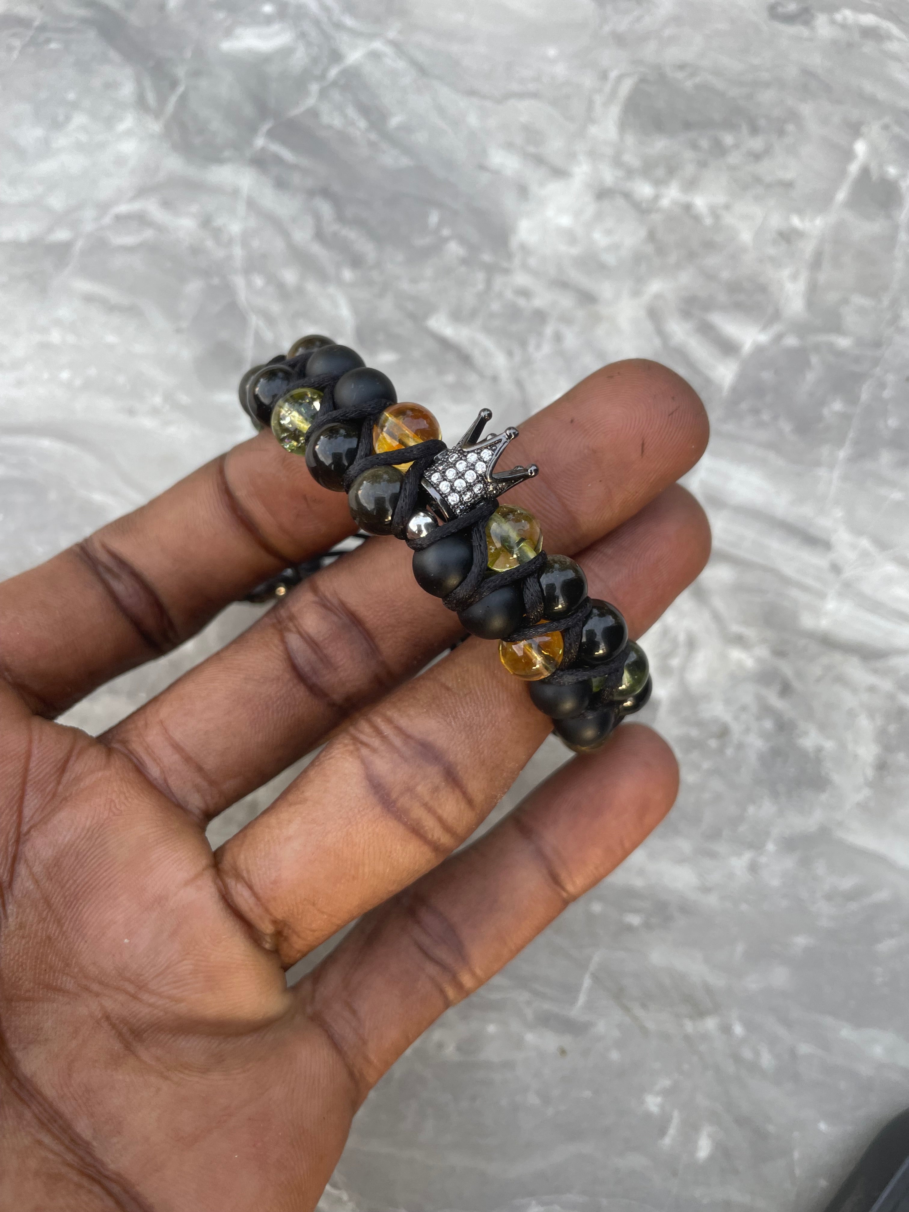 Black Onyx with Black Obsidian, Citrine & Peridot, Black Crown Charm Double Row Beaded Bracelet