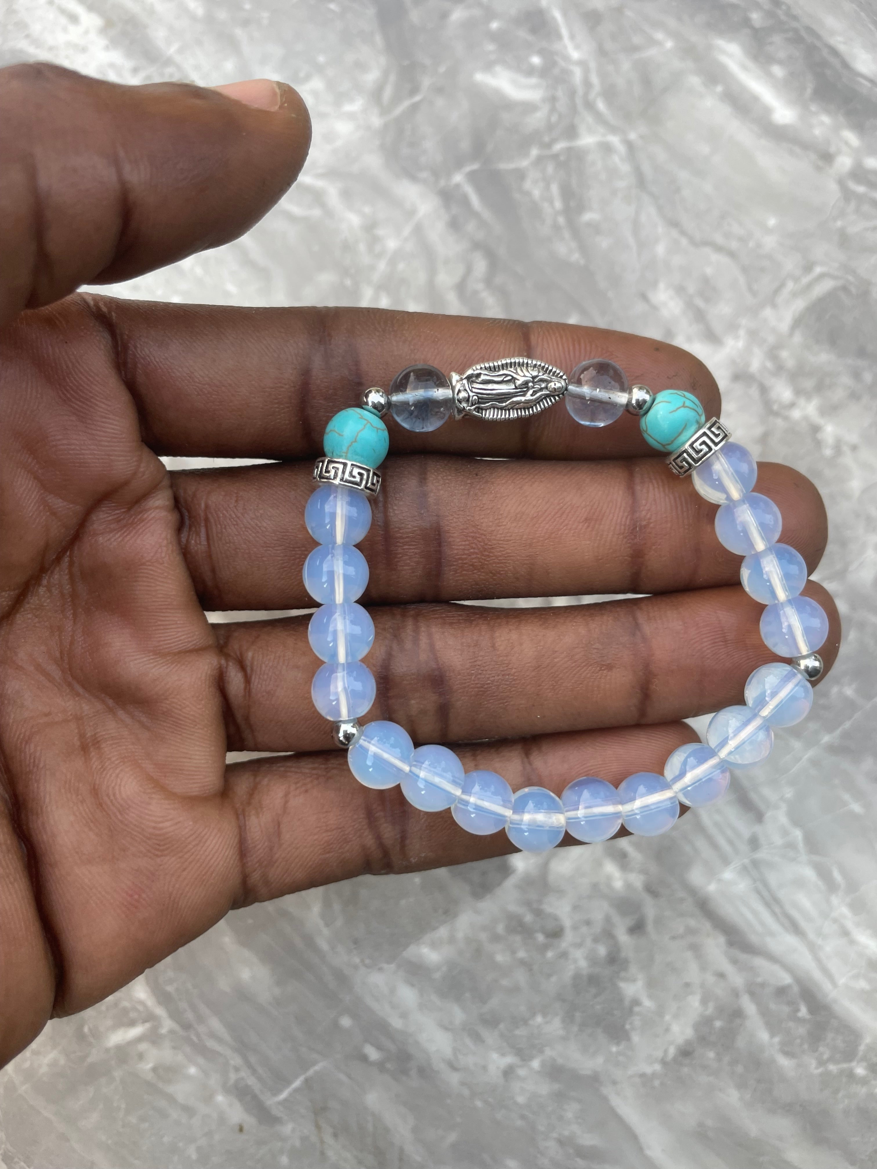 Opalite & Turquoise with Virgin Mary Charm Beaded Bracelet
