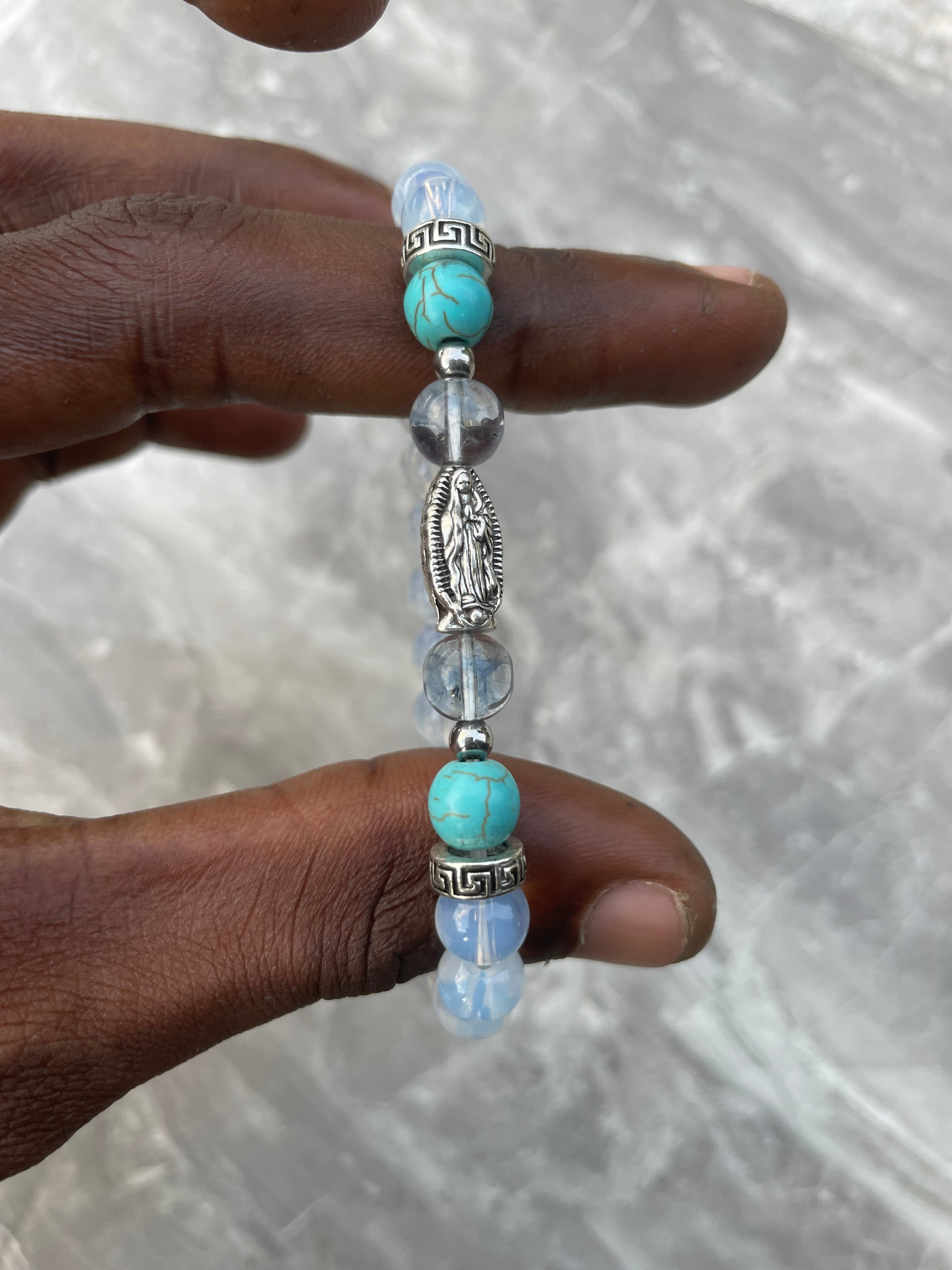 Opalite & Turquoise with Virgin Mary Charm Beaded Bracelet