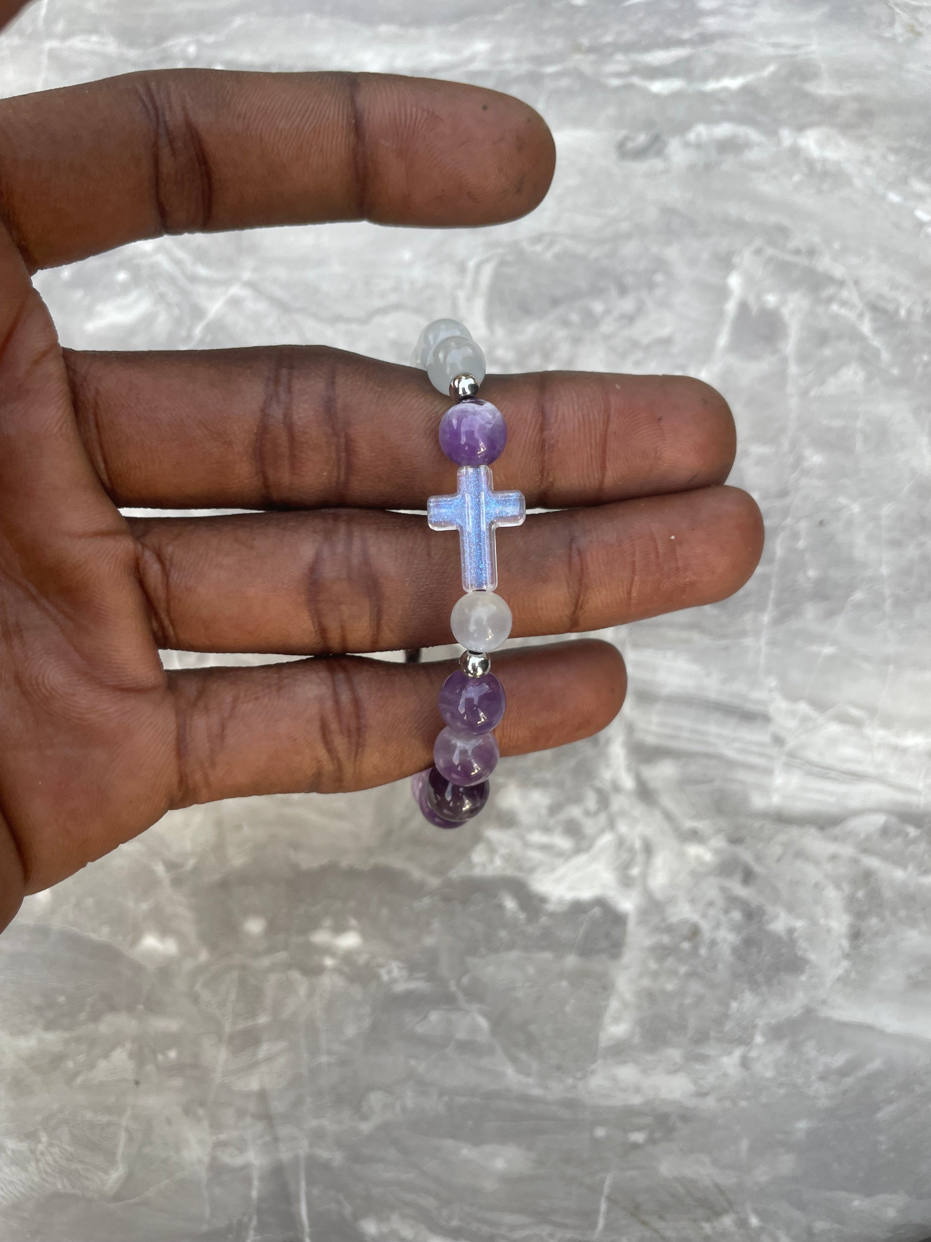 Selenite with Amethyst Half & Half Cross Charm Beaded Bracelet