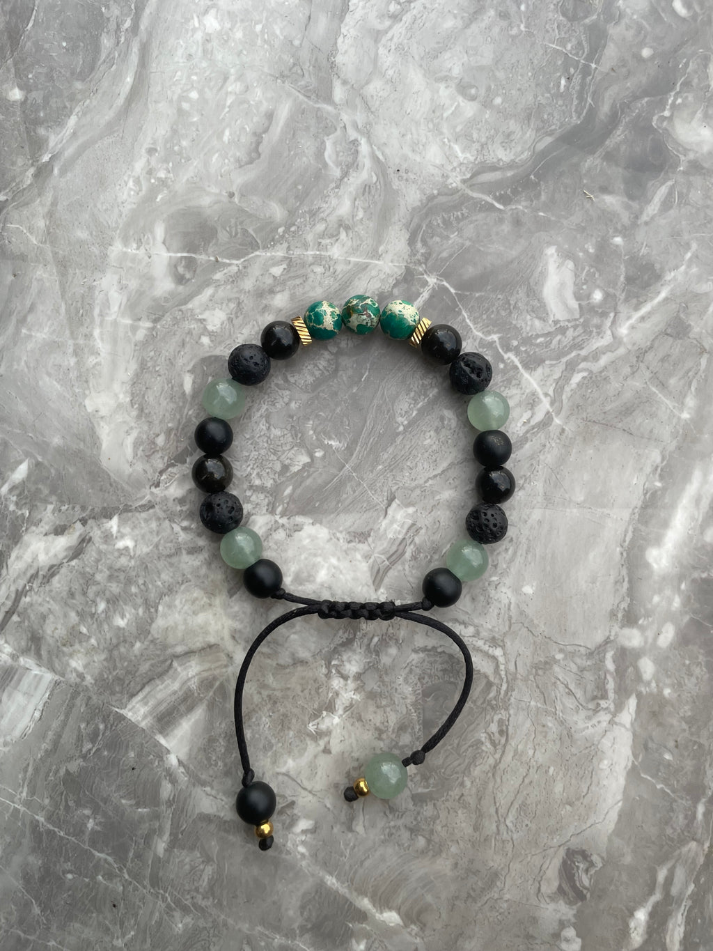 Green Imperial Jasper with Green Aventurine, Black Obsidian & Black Onyx Beaded Bracelet