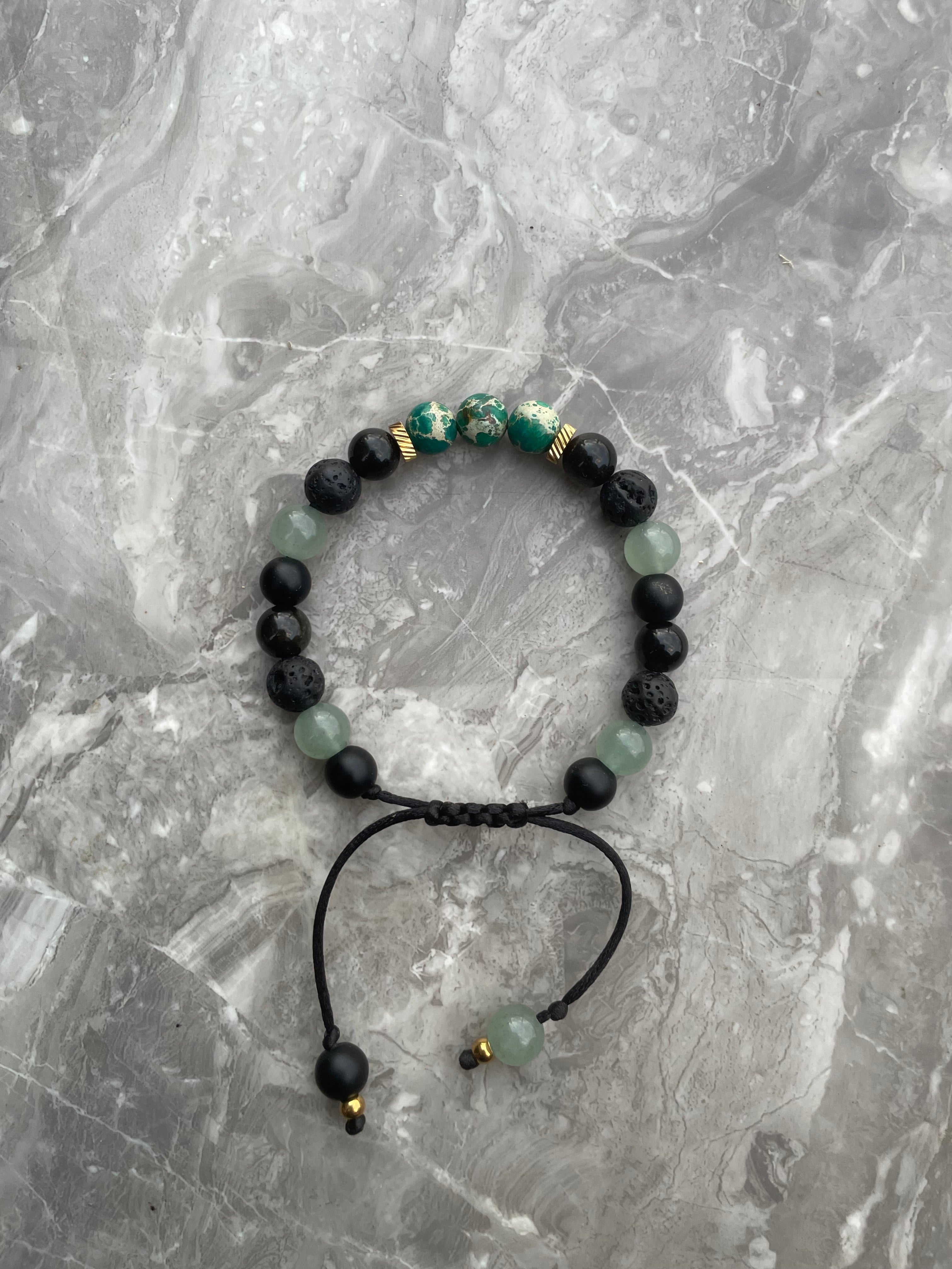 Green Imperial Jasper with Green Aventurine, Black Obsidian & Black Onyx Beaded Bracelet