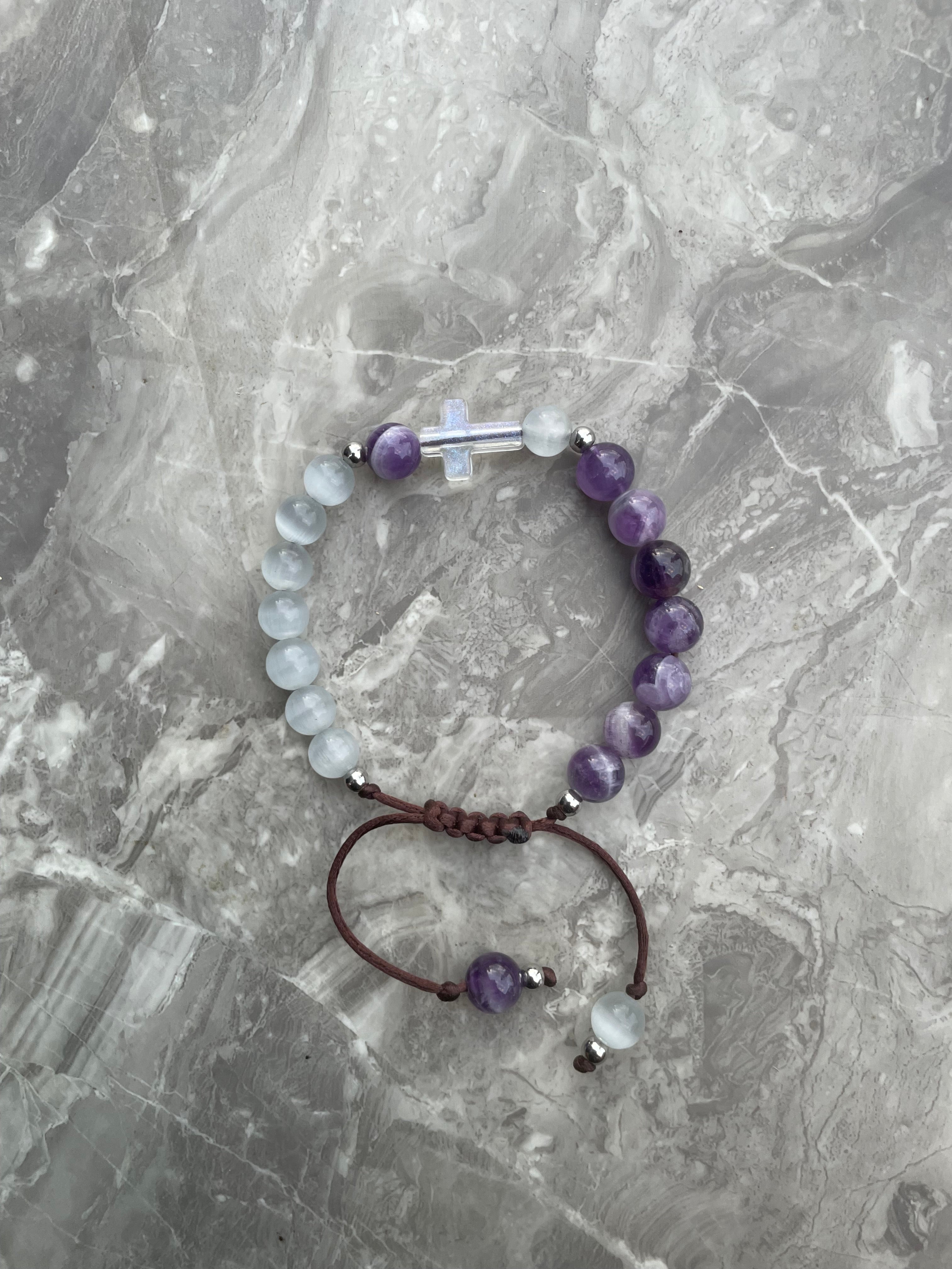 Selenite with Amethyst Half & Half Cross Charm Beaded Bracelet