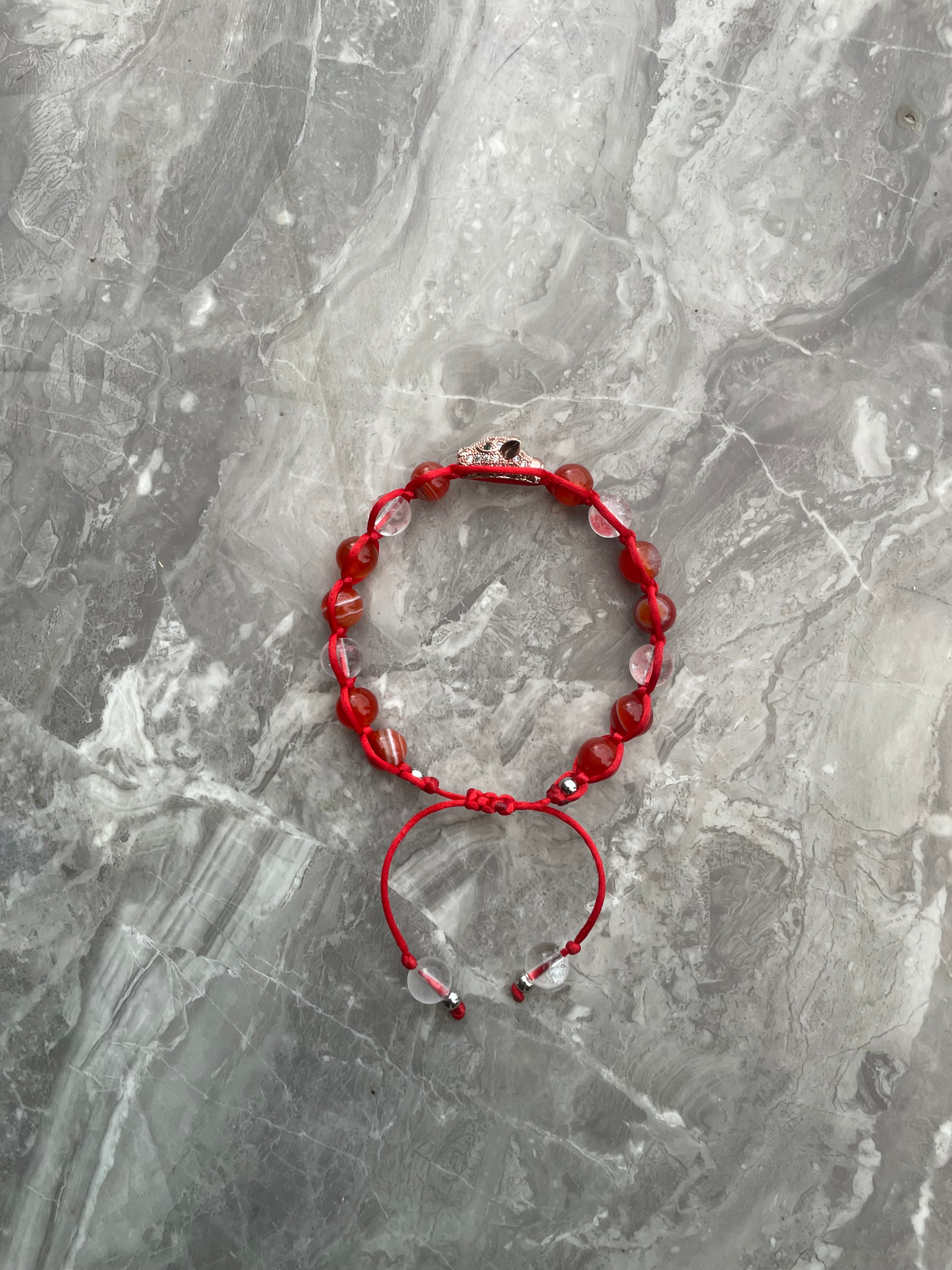 Carnelian & Clear Quartz with Leopard Charm Beaded Bracelet