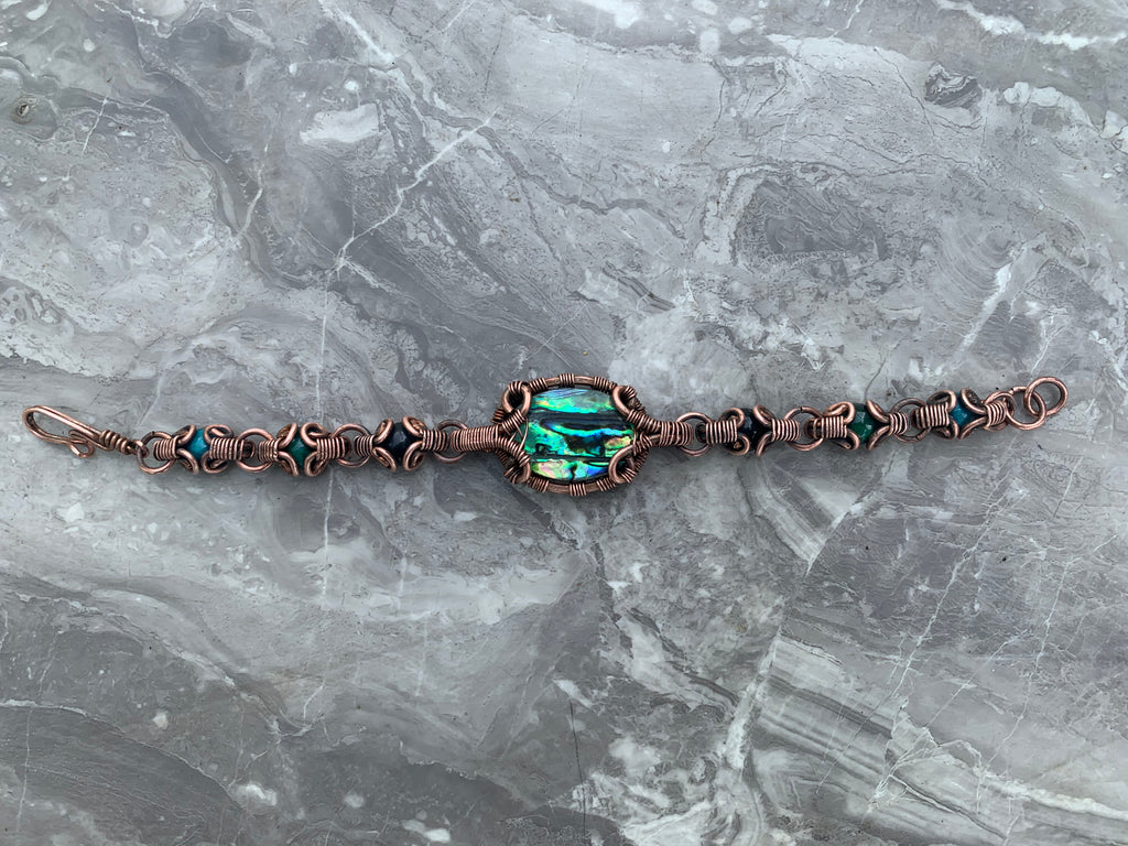 Abalone Shell with Black Obsidian, Blue and Green Tiger Eye