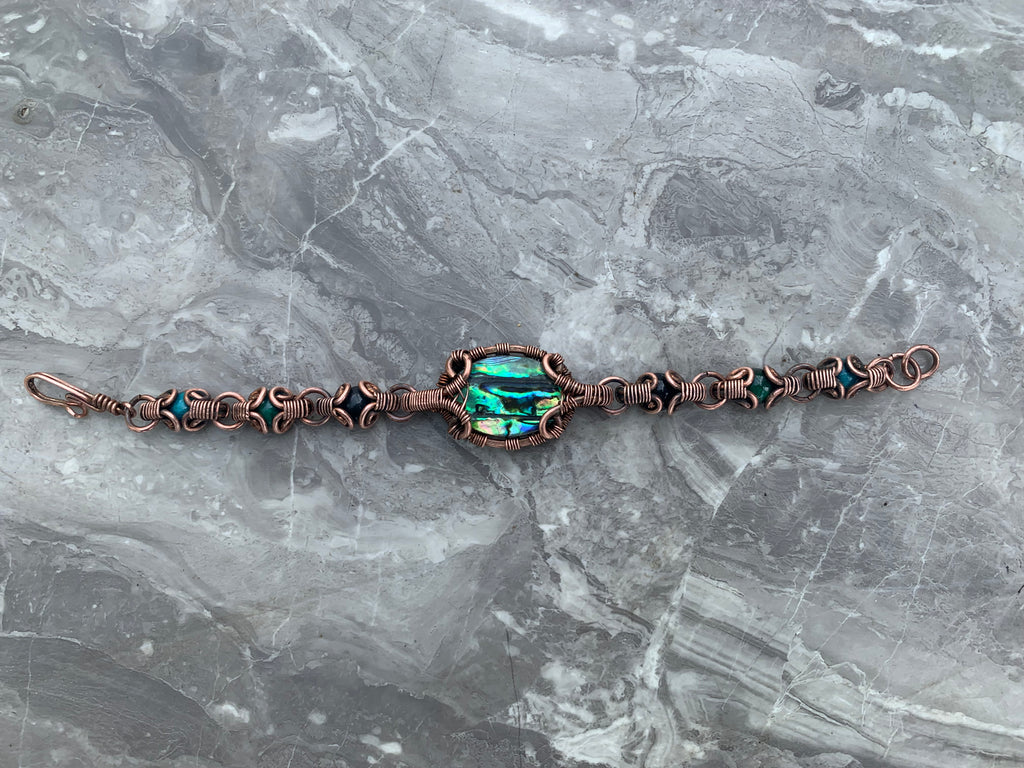 Abalone Shell with Black Obsidian, Blue and Green Tiger Eye