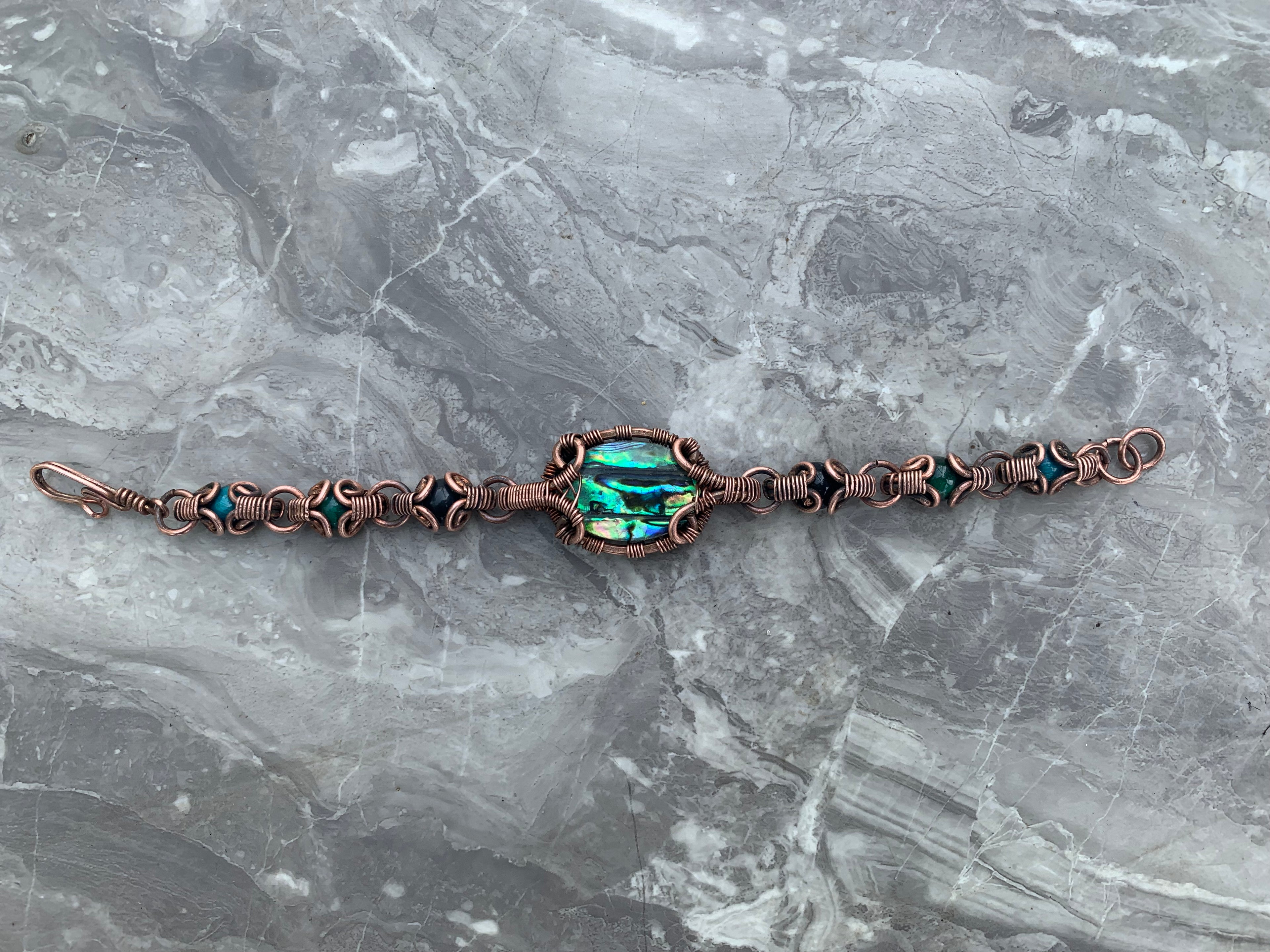 Abalone Shell with Black Obsidian, Blue and Green Tiger Eye