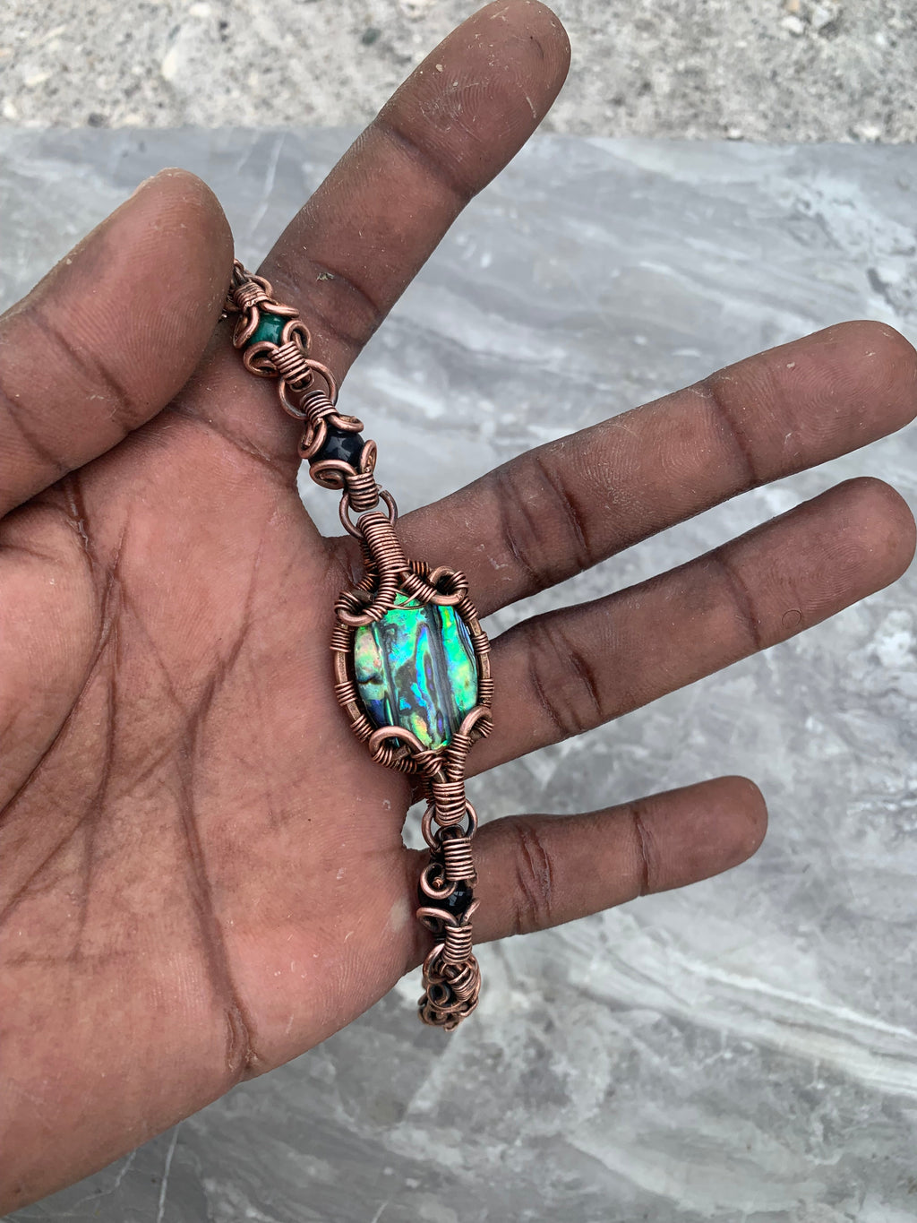 Abalone Shell with Black Obsidian, Blue and Green Tiger Eye
