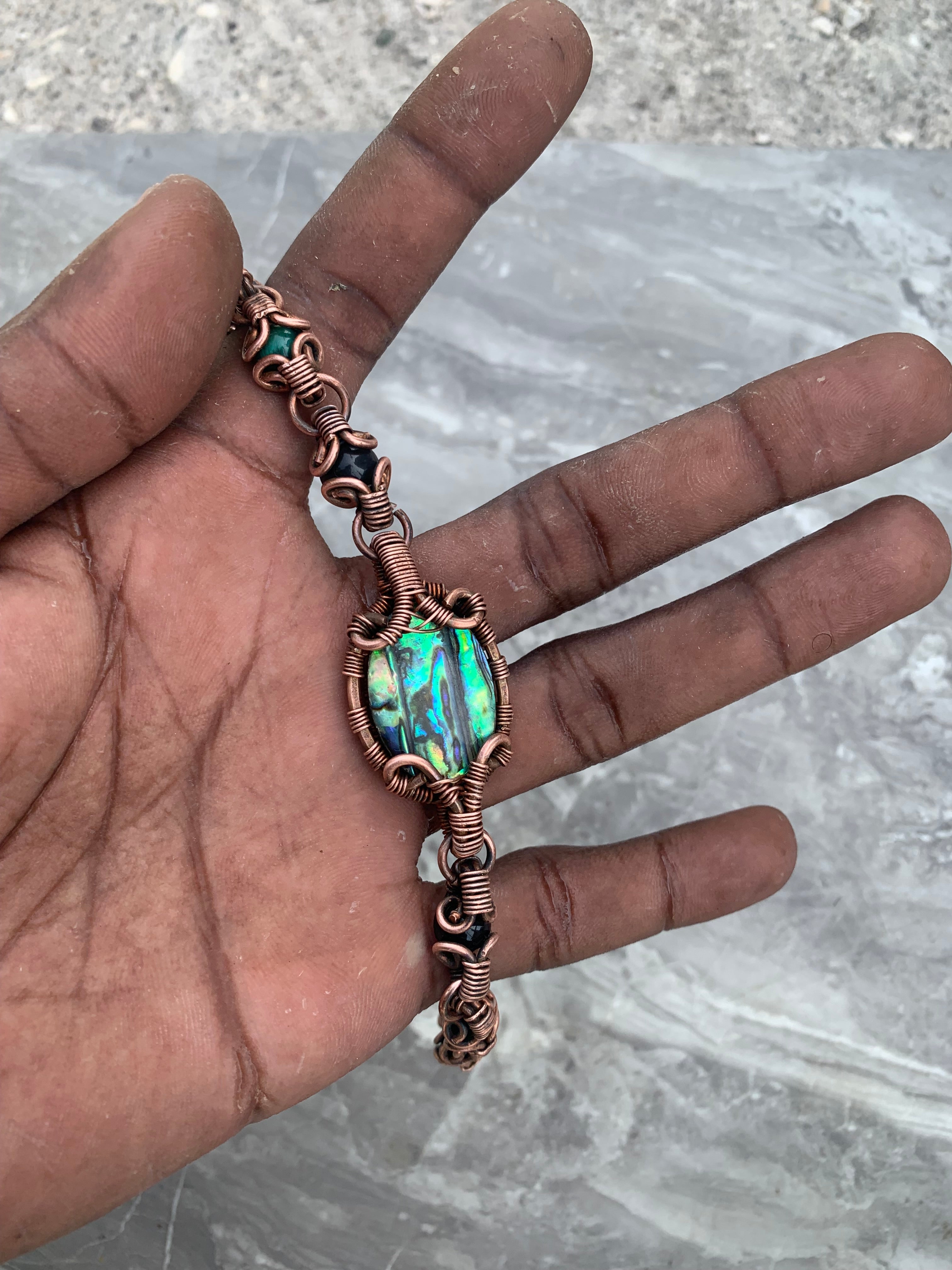 Abalone Shell with Black Obsidian, Blue and Green Tiger Eye