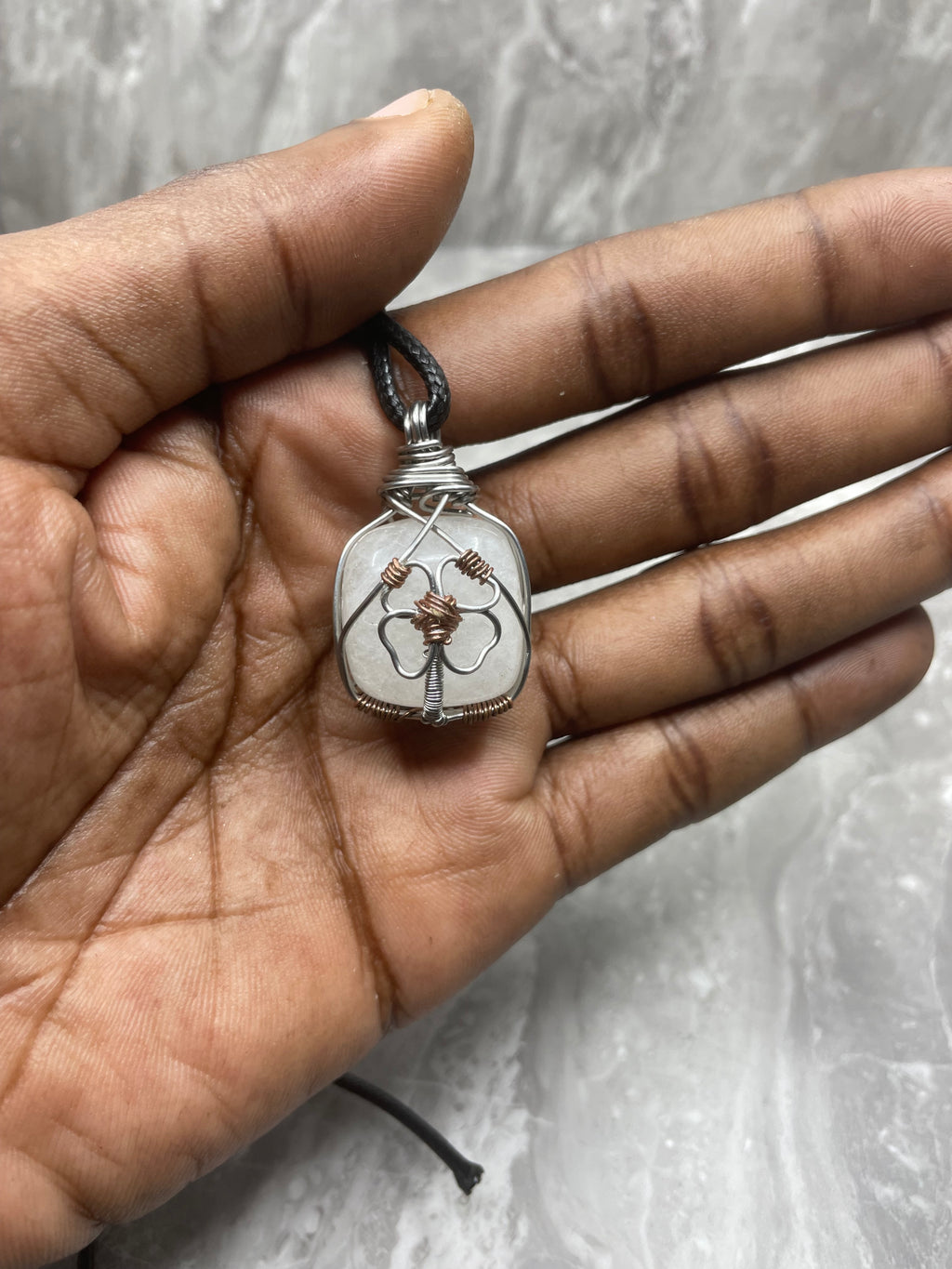 Four Leaf Clover Design with Silver Stainless Steel, Copper and Clear quartz stone