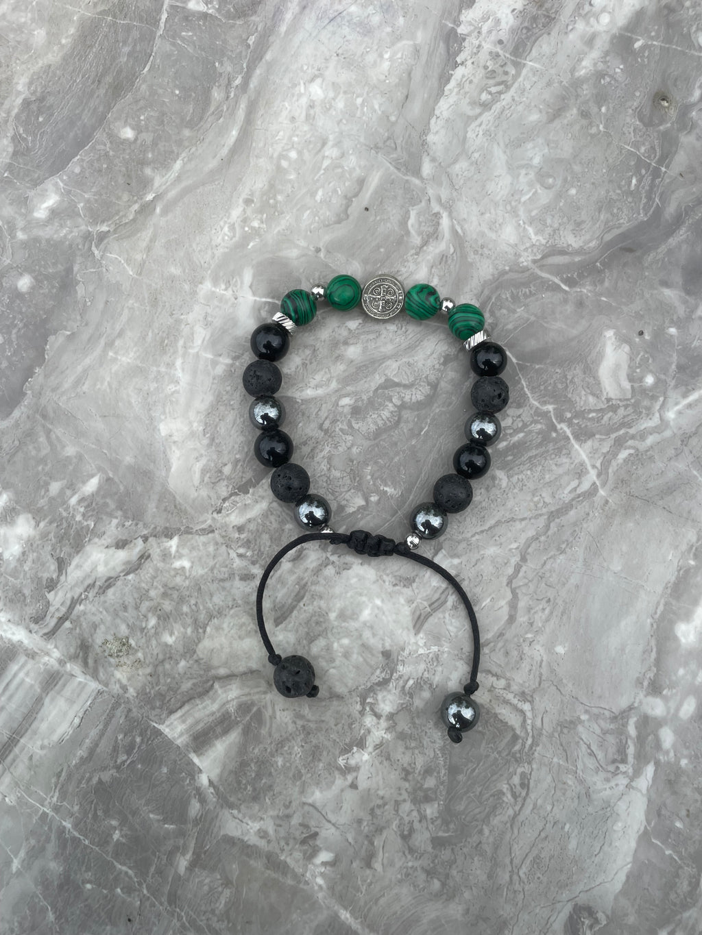 Malachite With Black Obsidian, Lava Stones & Hematite Beaded Bracelet