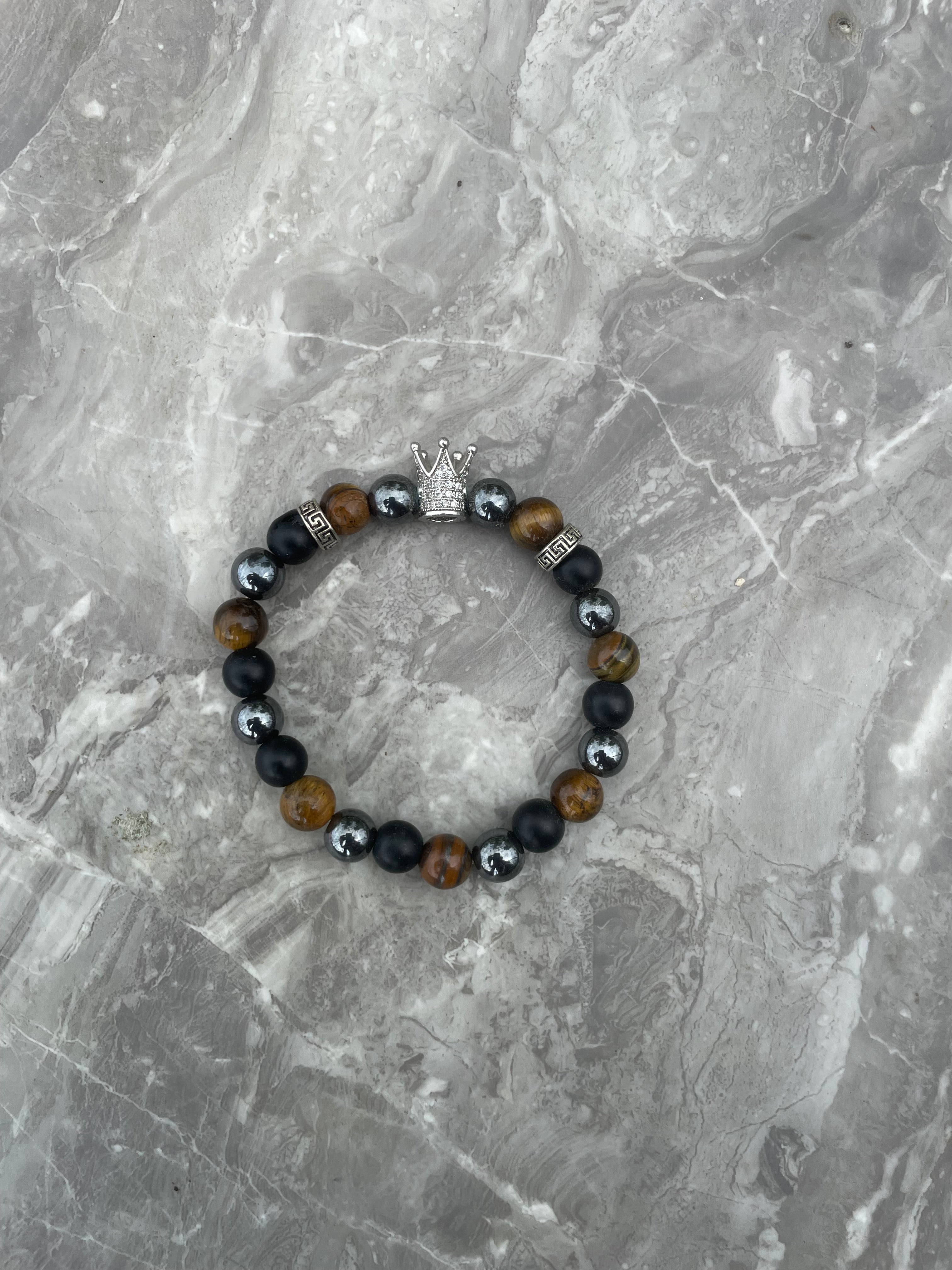 Tiger Eye And Hematite Crown Gemstone Beaded Bracelet