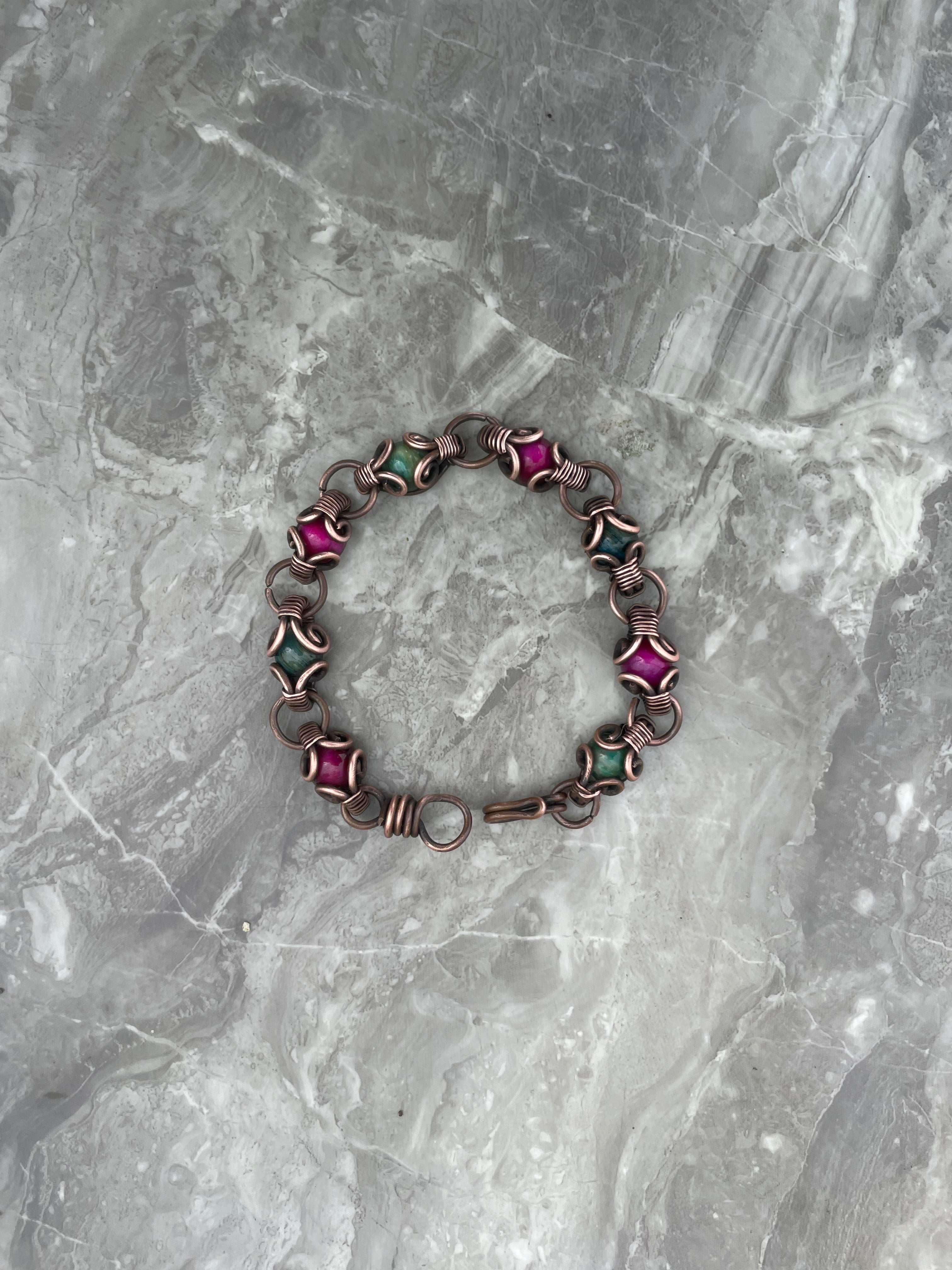 Pink And Green Tiger Eye Copper Bracelet