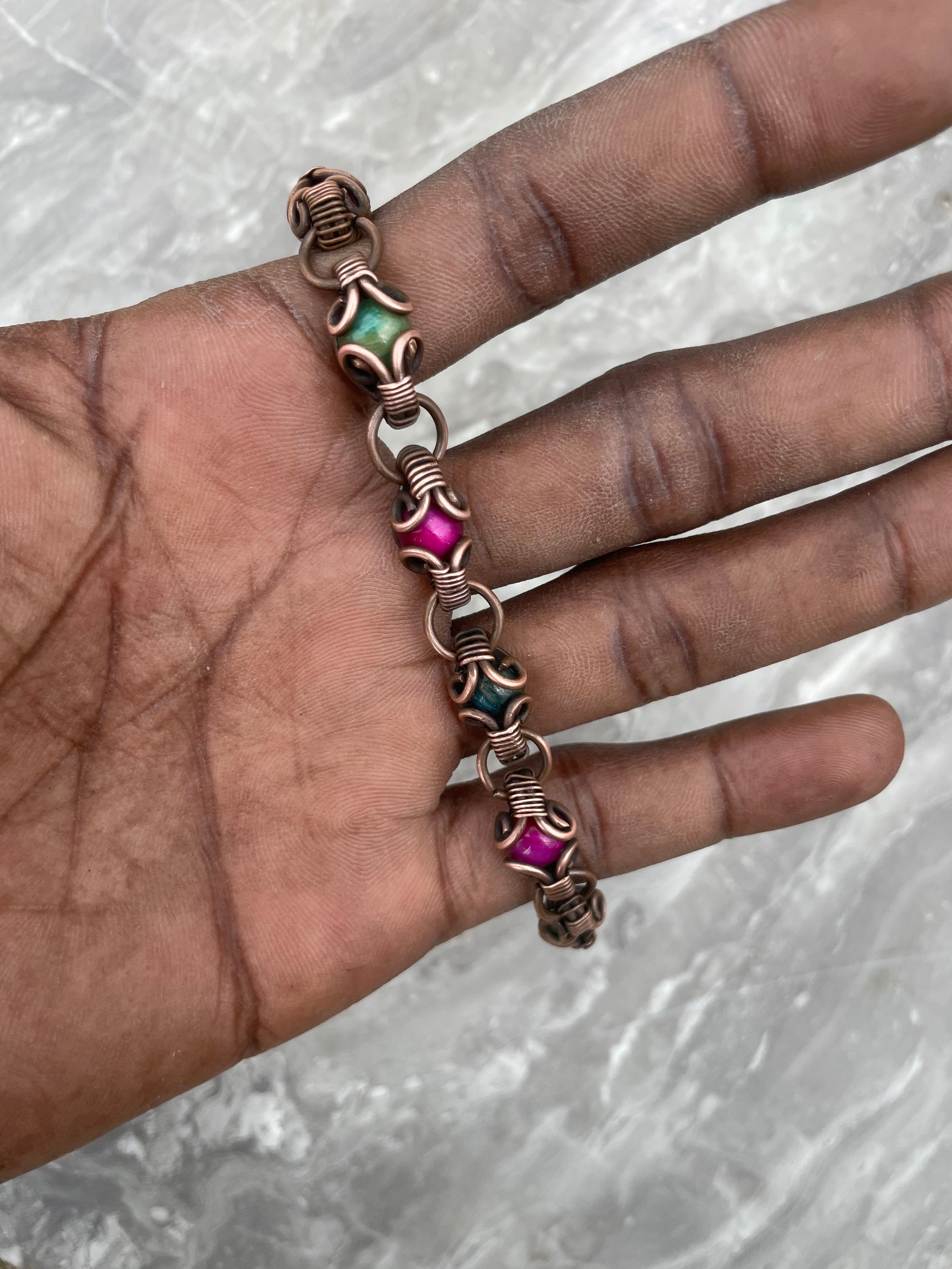 Pink And Green Tiger Eye Copper Bracelet