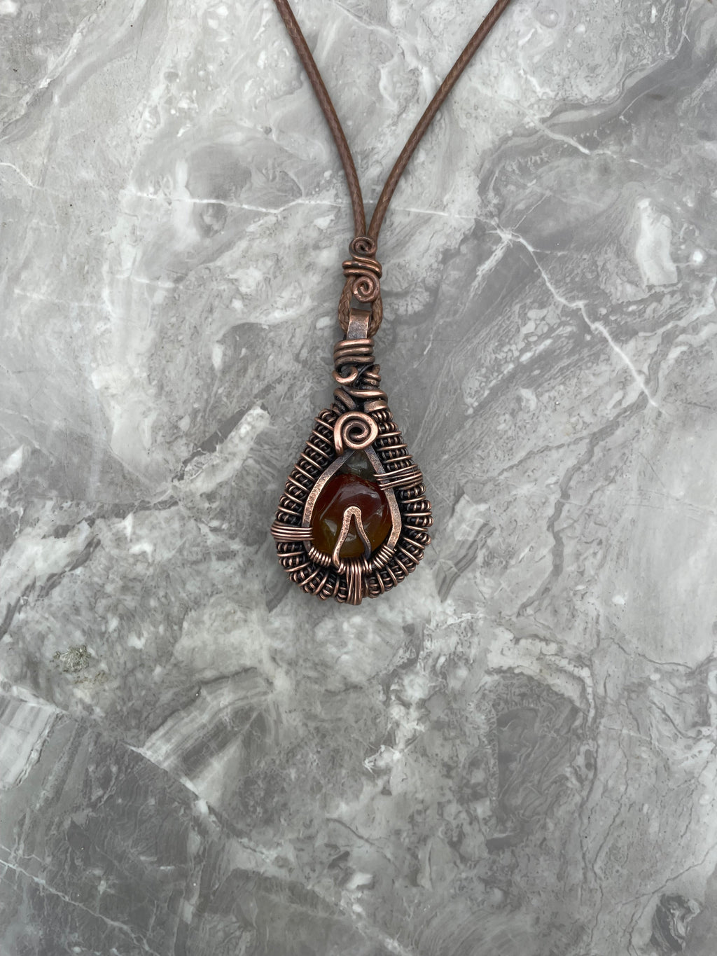 Copper Wire-Wrapped Flame Red And Yellow Agate Necklace