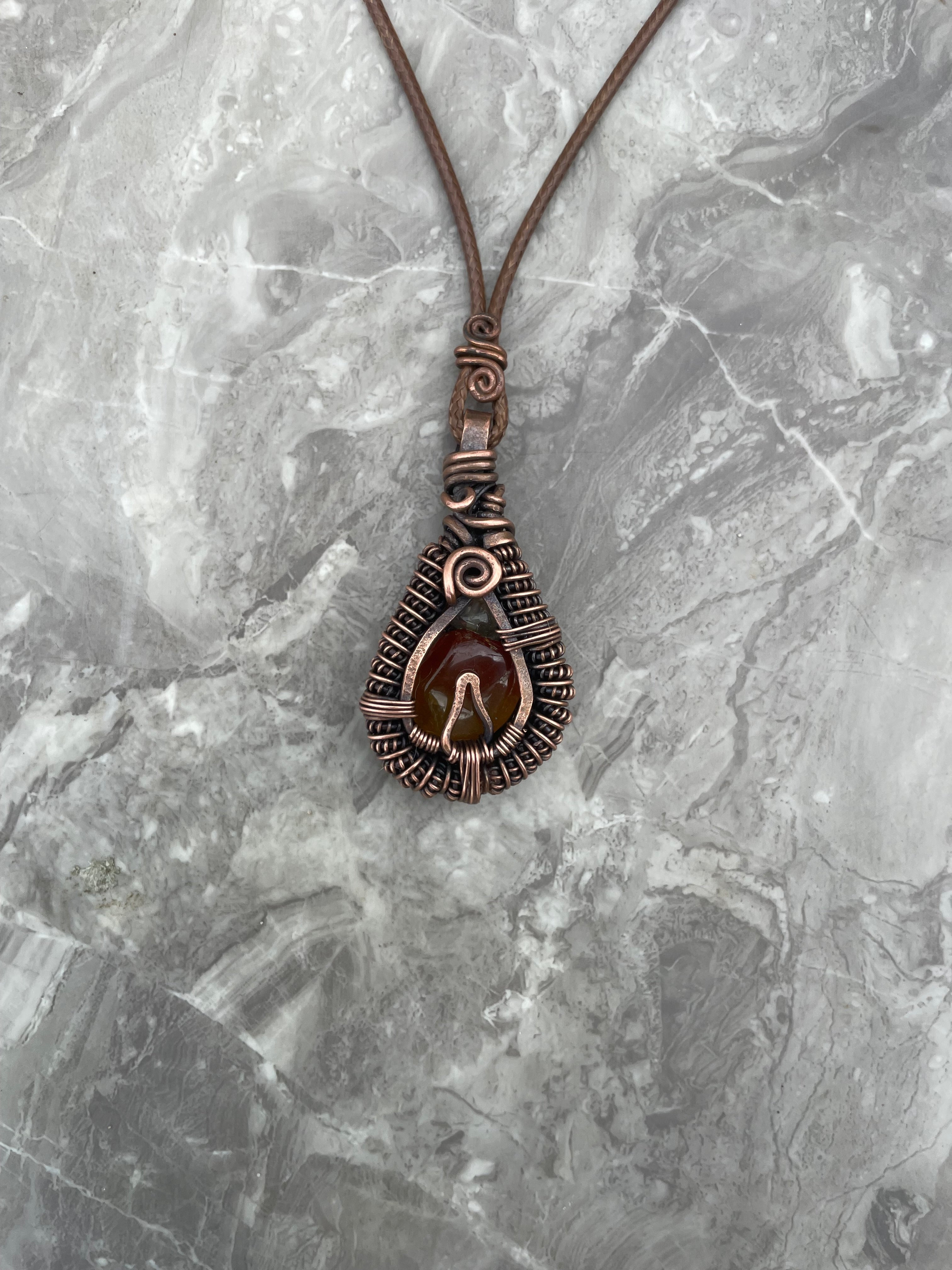 Copper Wire-Wrapped Flame Red And Yellow Agate Necklace