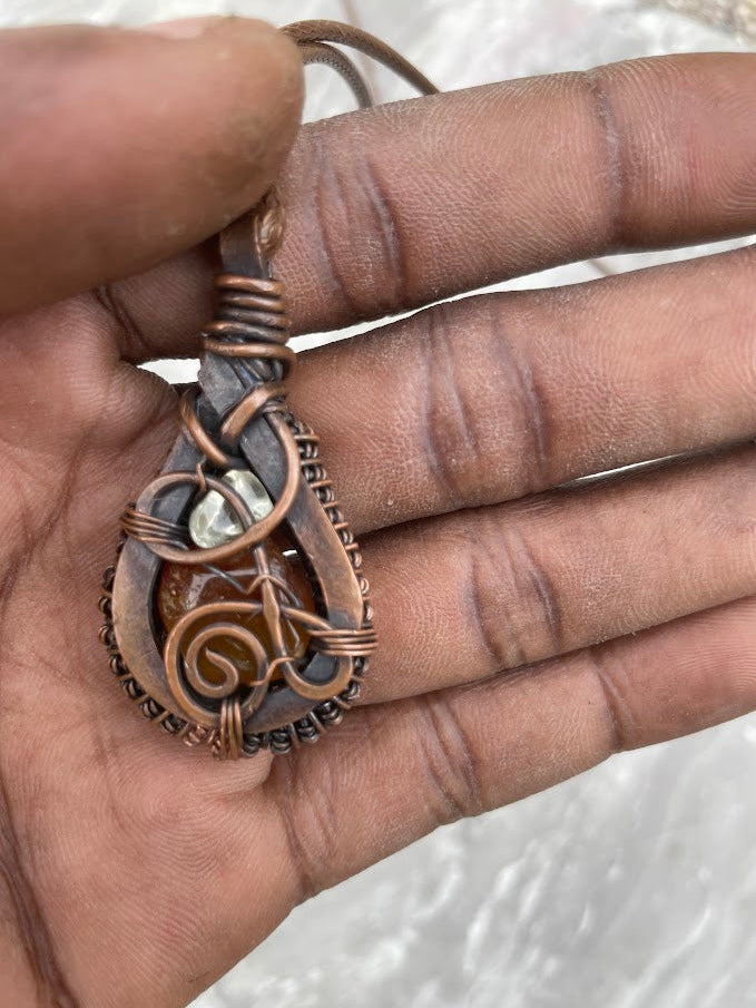 Copper Wire-Wrapped Flame Red And Yellow Agate Necklace