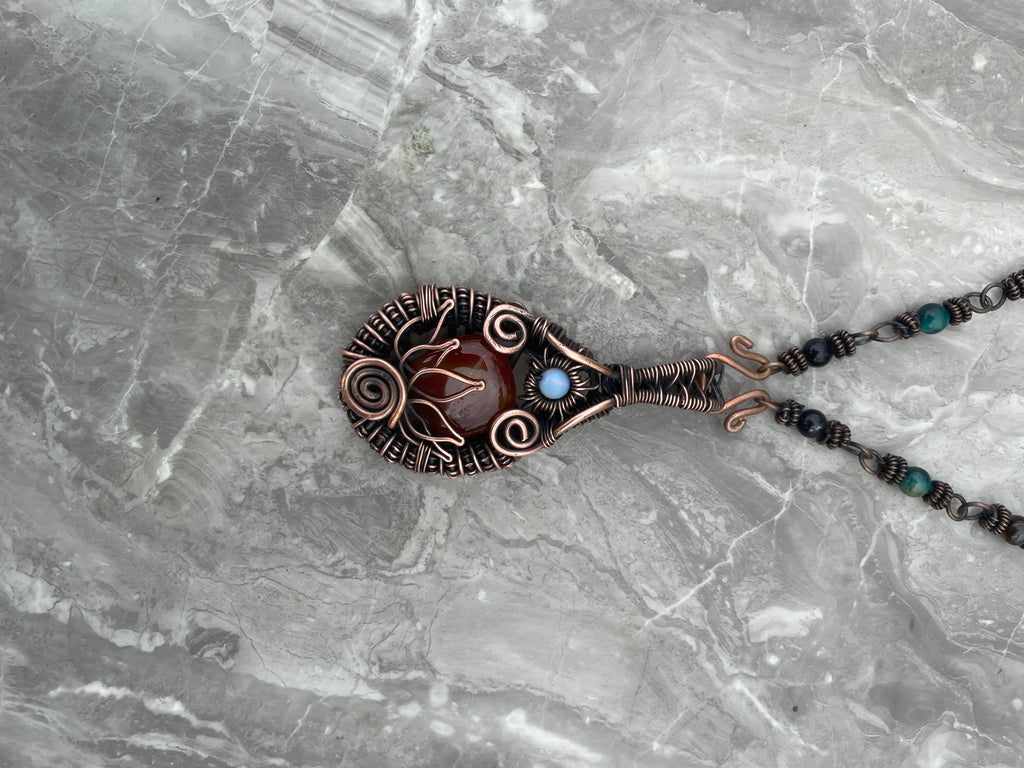 Copper Wire-Wrapped Lotus Carnelian with Opalite Necklace.