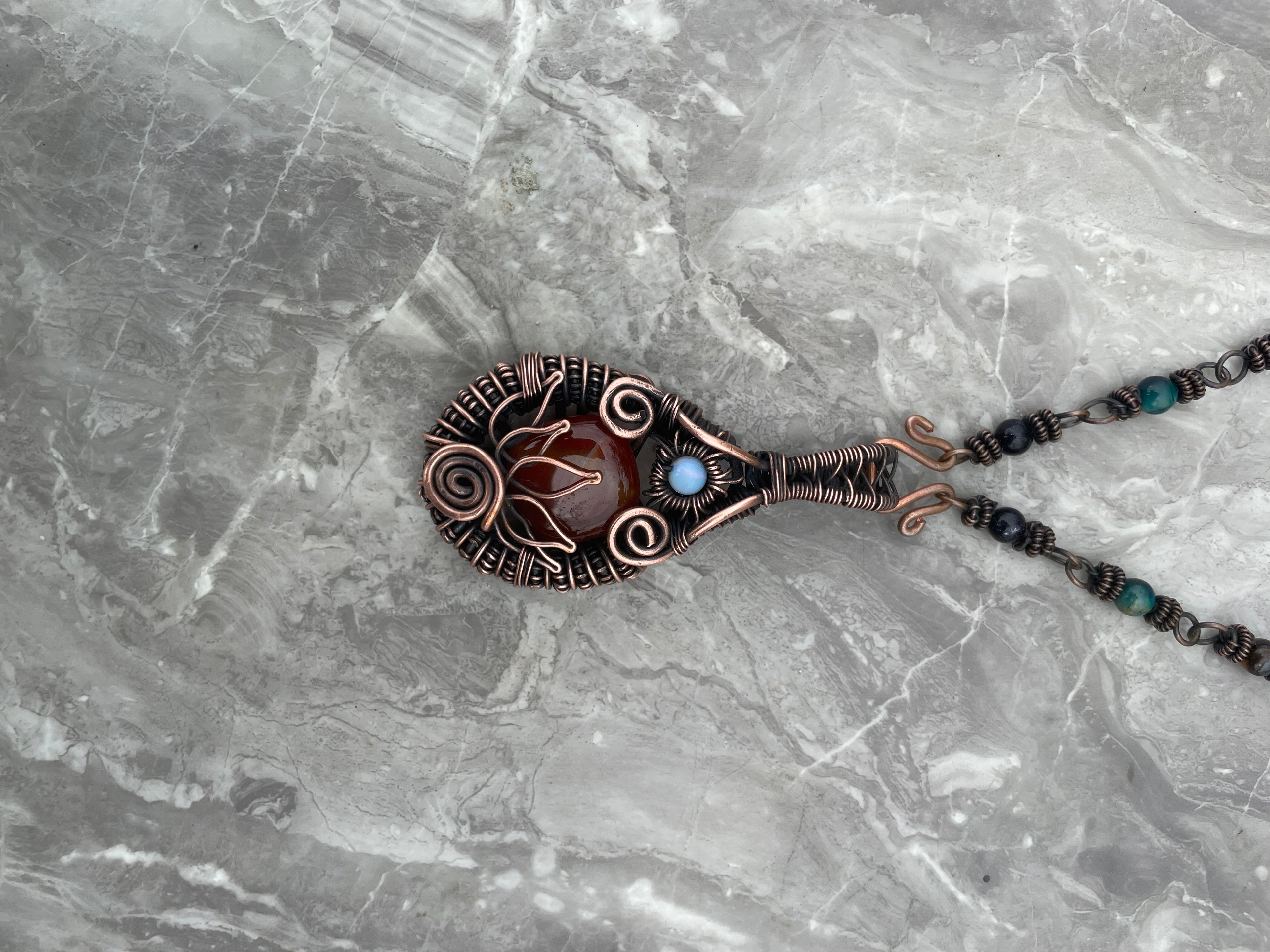 Copper Wire-Wrapped Lotus Carnelian with Opalite Necklace.