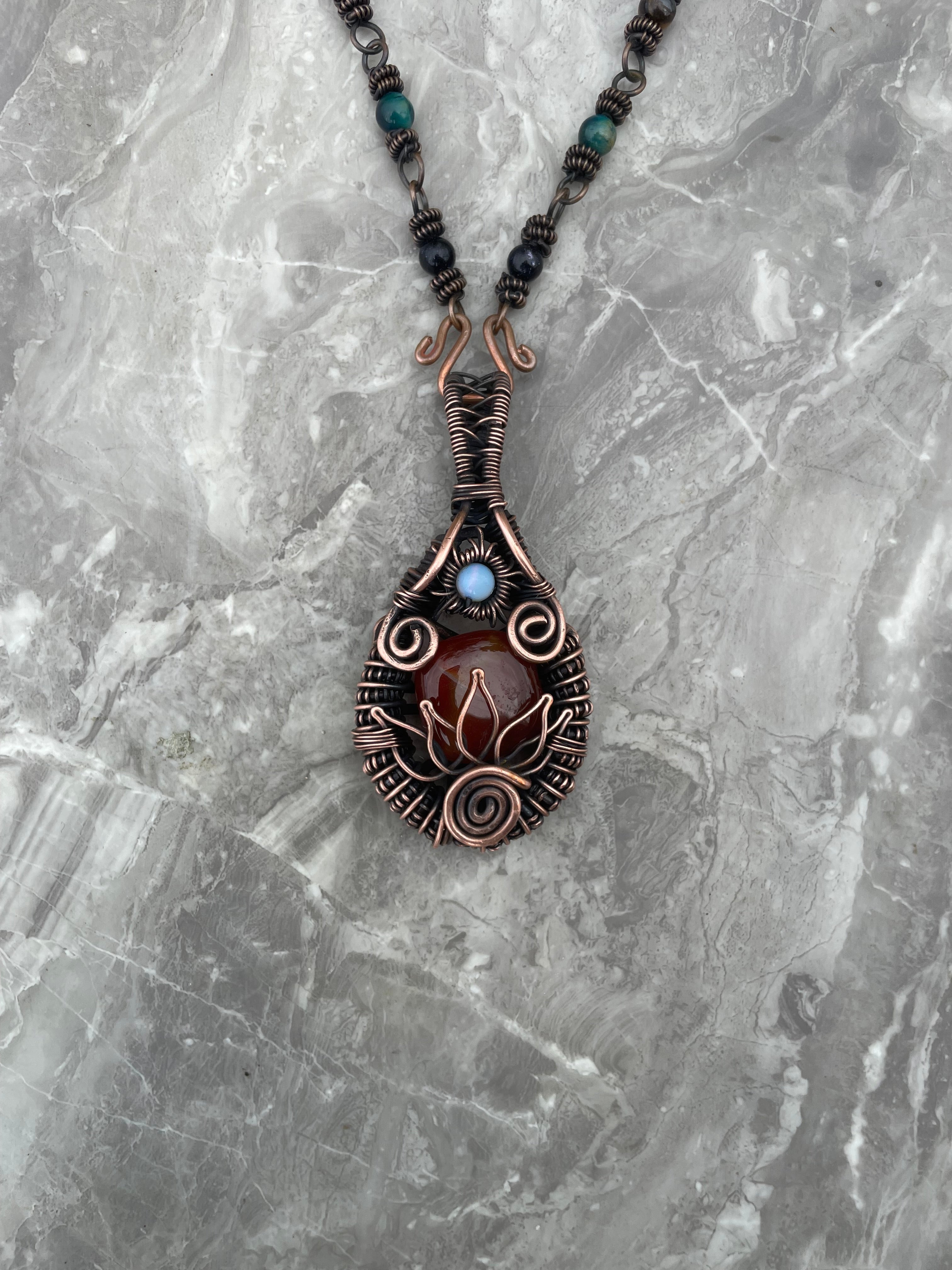 Copper Wire-Wrapped Lotus Carnelian with Opalite Necklace.