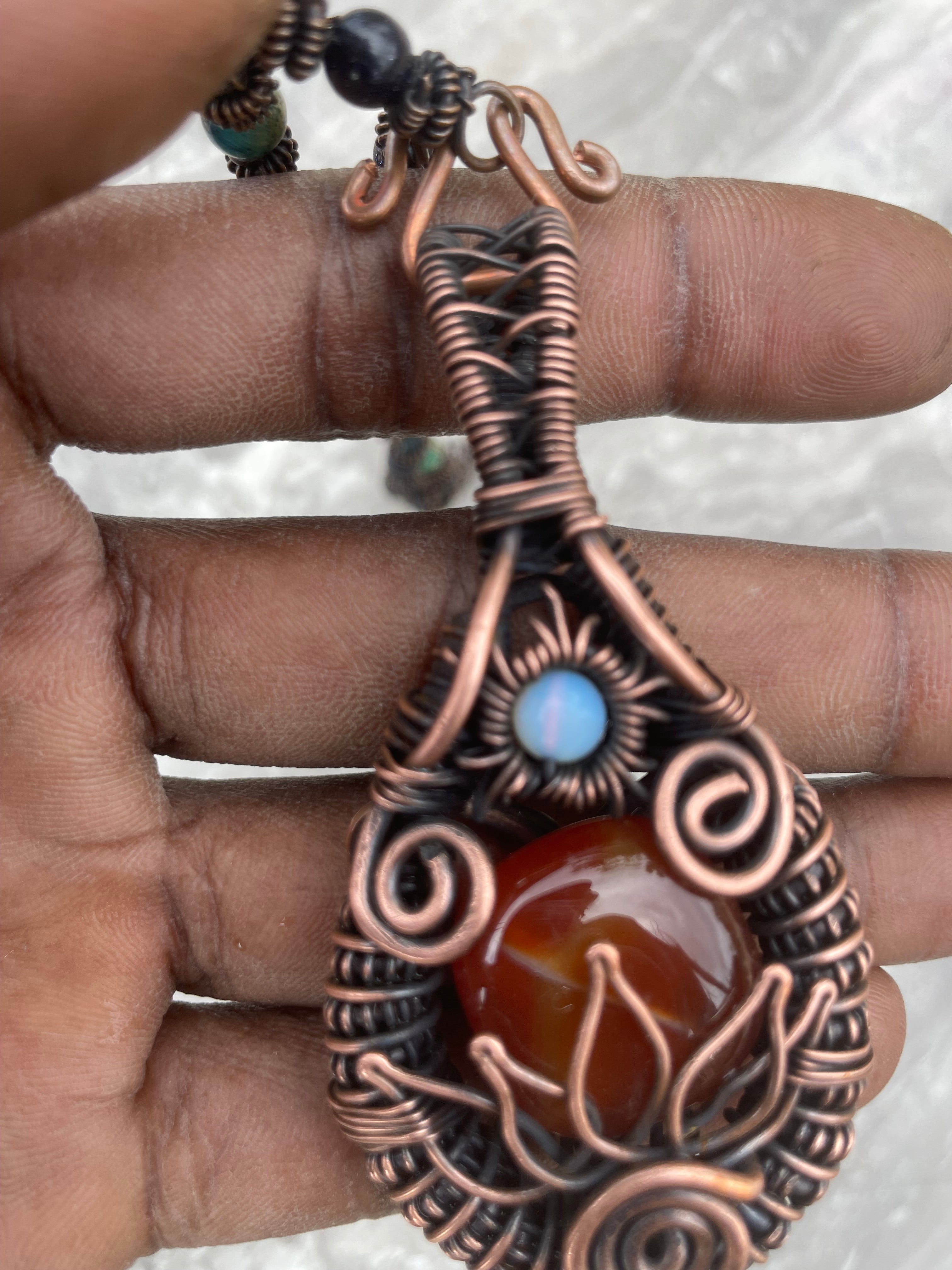 Copper Wire-Wrapped Lotus Carnelian with Opalite Necklace.
