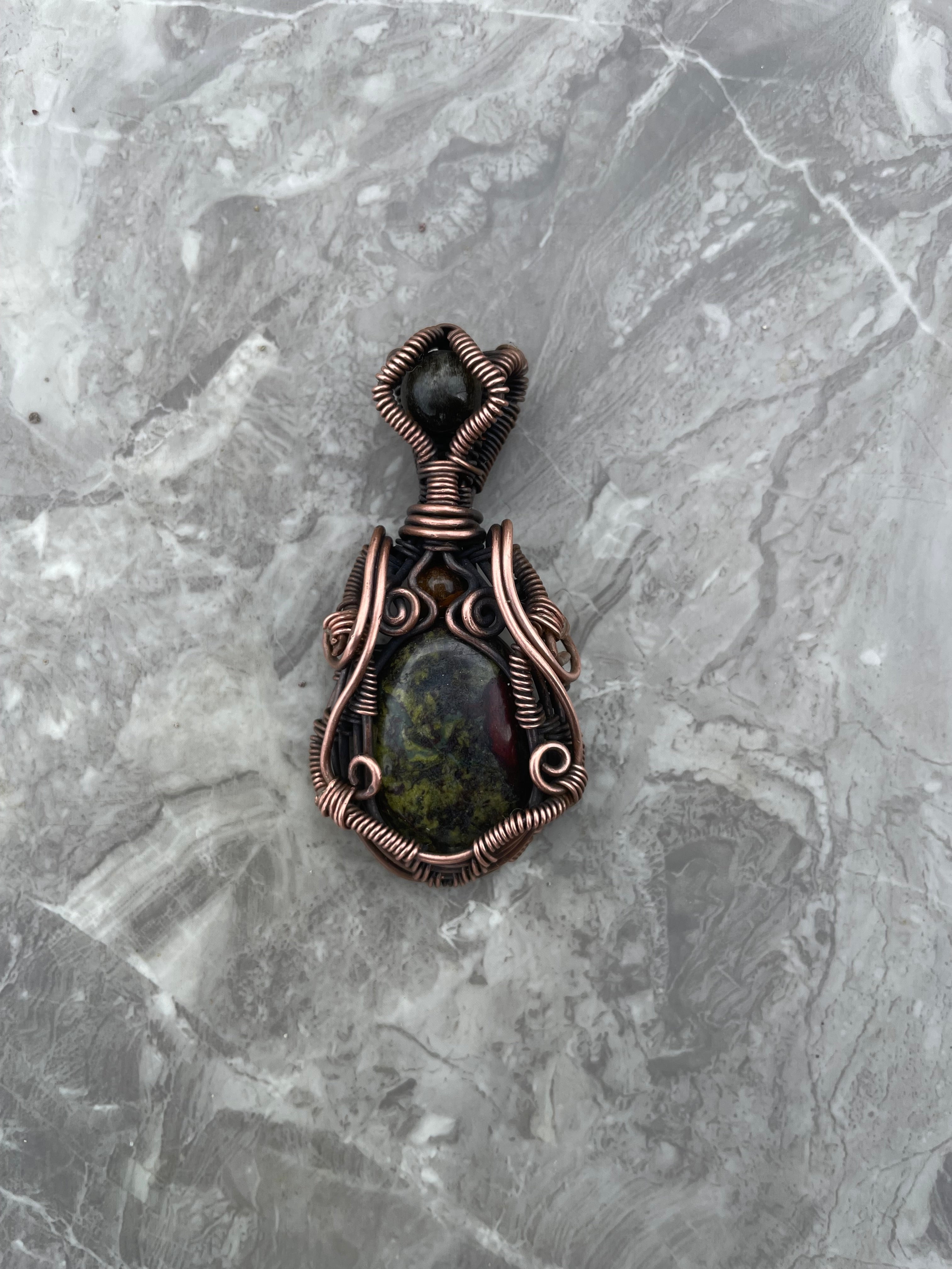 Dragonstone, Tiger eye And Black Obsidian Copper Wire-Wrapped Pendant Necklace