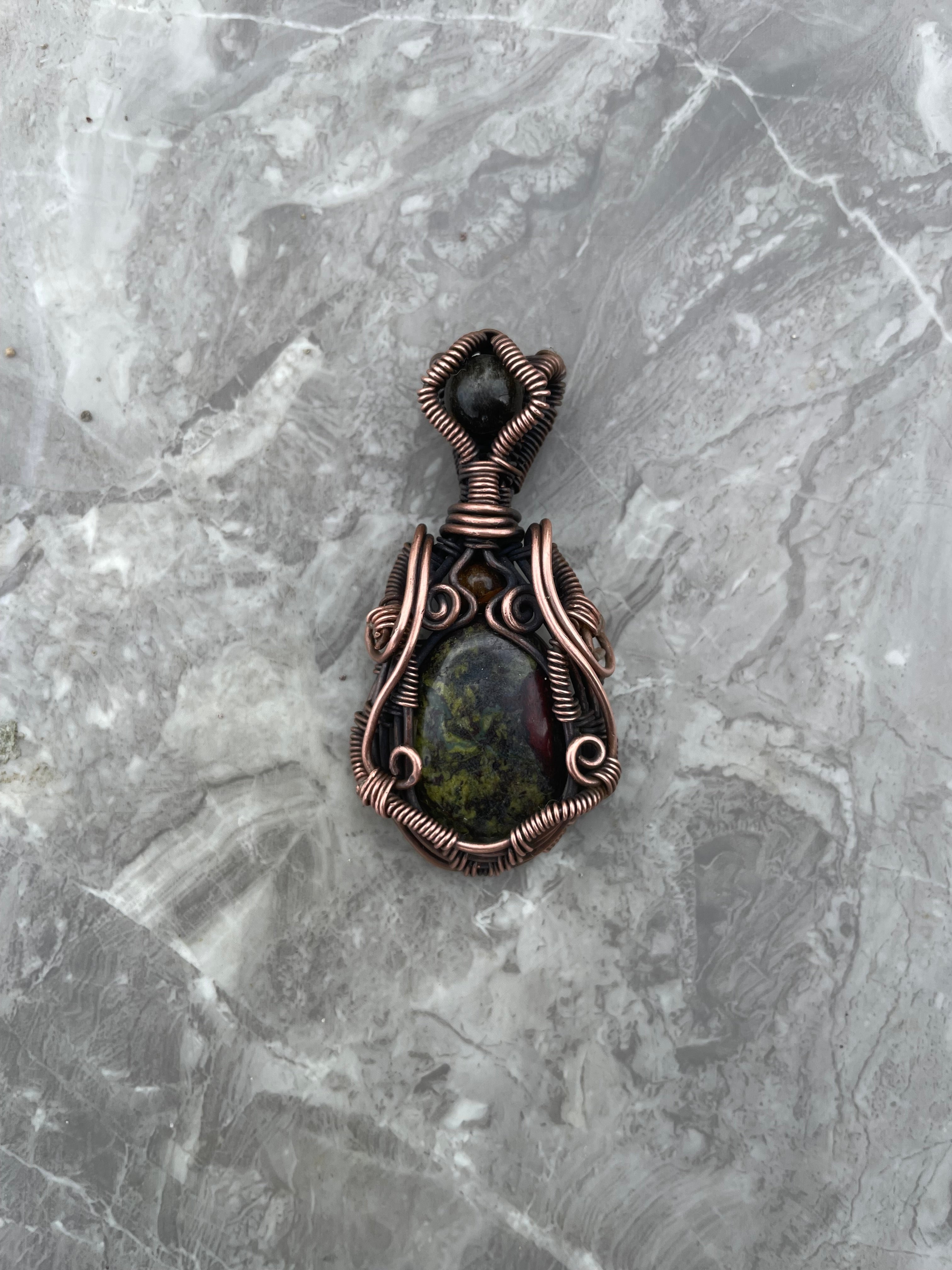 Dragonstone, Tiger eye And Black Obsidian Copper Wire-Wrapped Pendant Necklace