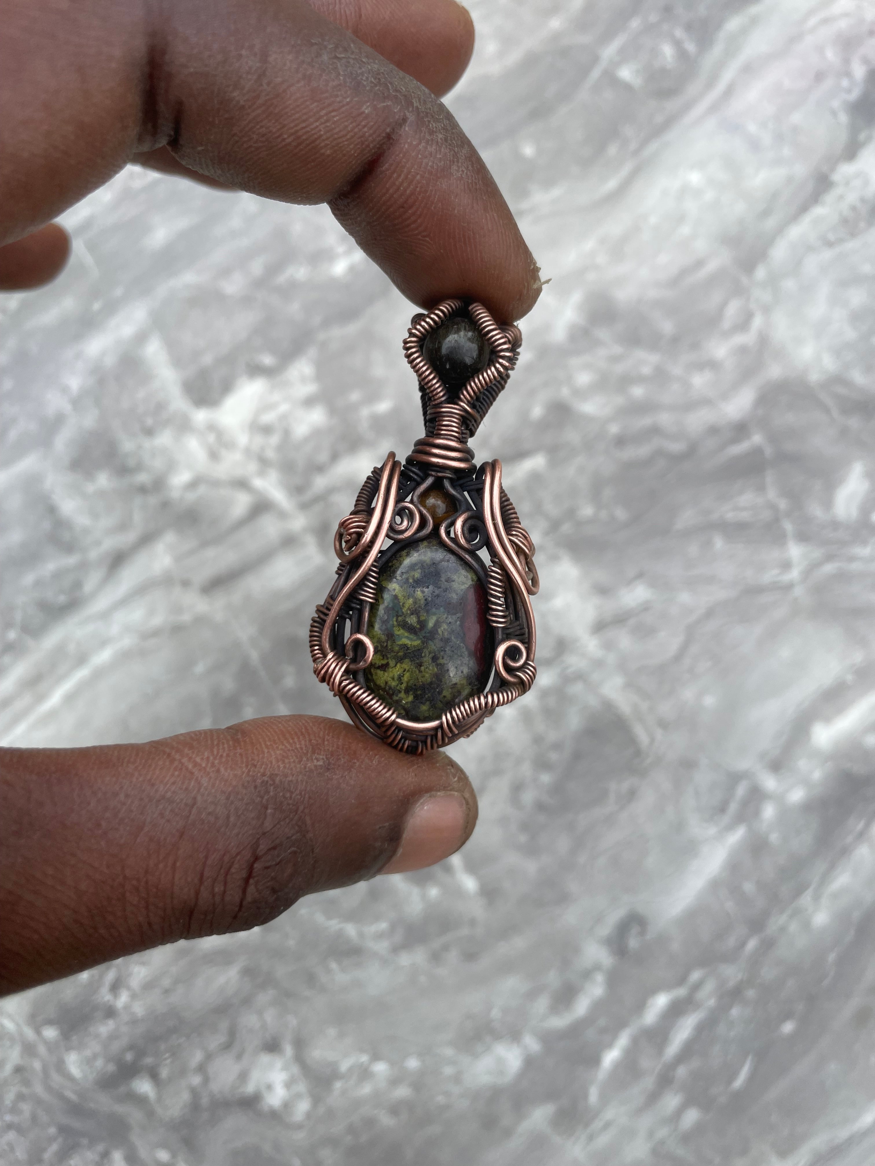 Dragonstone, Tiger eye And Black Obsidian Copper Wire-Wrapped Pendant Necklace