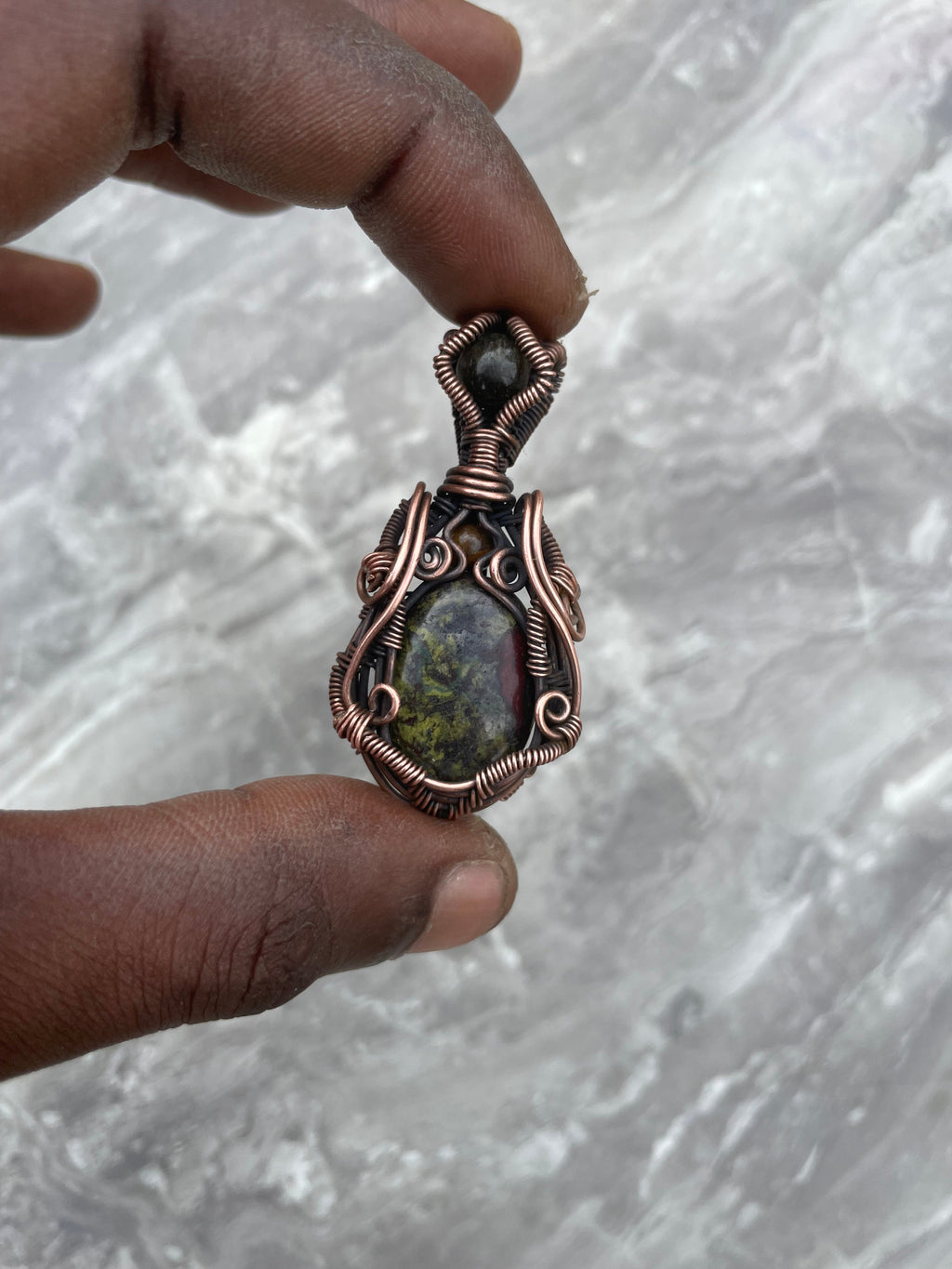 Dragonstone, Tiger eye And Black Obsidian Copper Wire-Wrapped Pendant Necklace