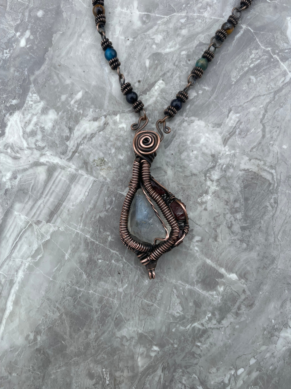 Citrine And Garnet Copper Wire- Wrapped Necklace