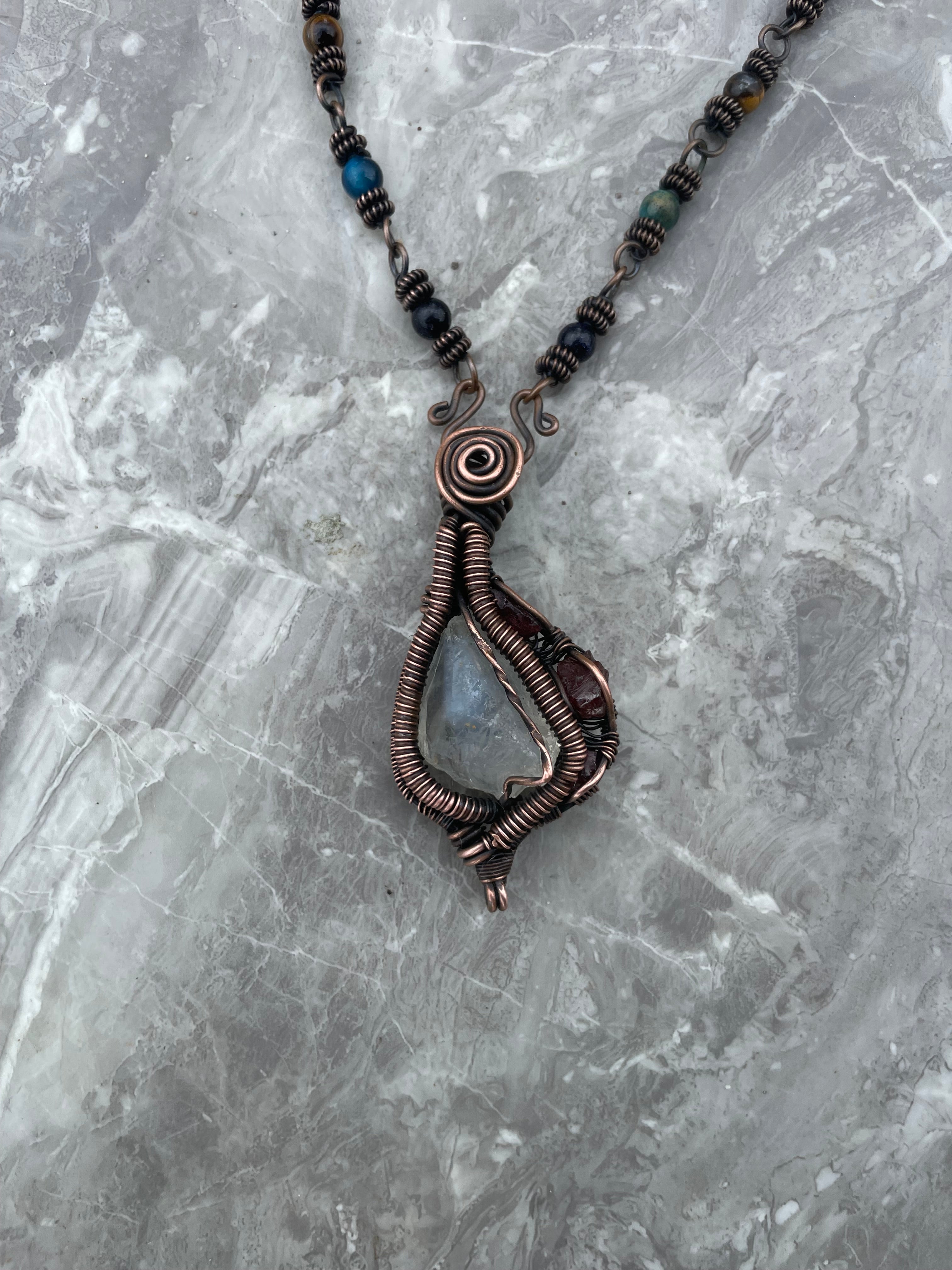 Citrine And Garnet Copper Wire- Wrapped Necklace