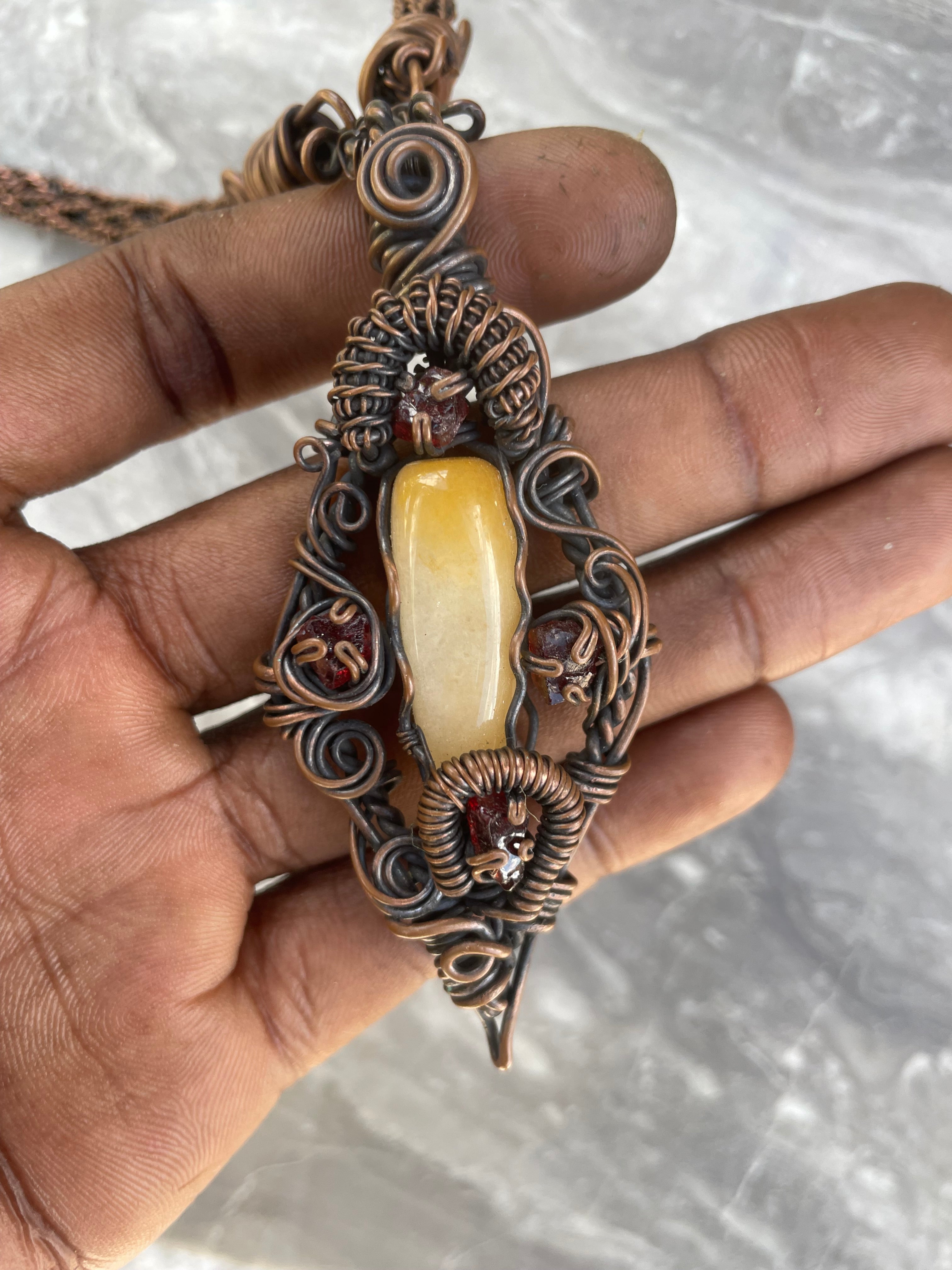 Yellow Aventurine with Garnet Copper Wire- Wrapped Necklace