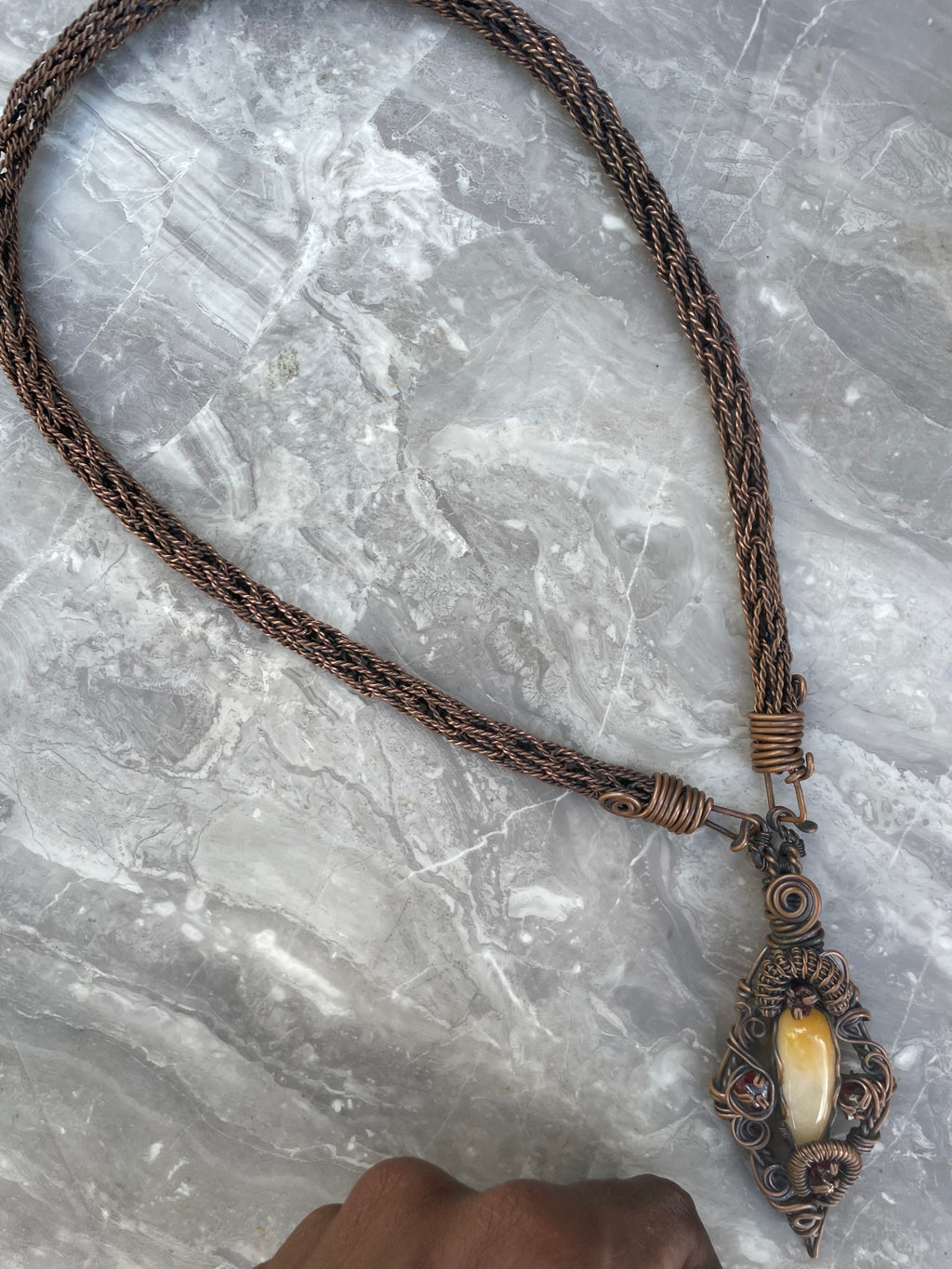 Yellow Aventurine with Garnet Copper Wire- Wrapped Necklace