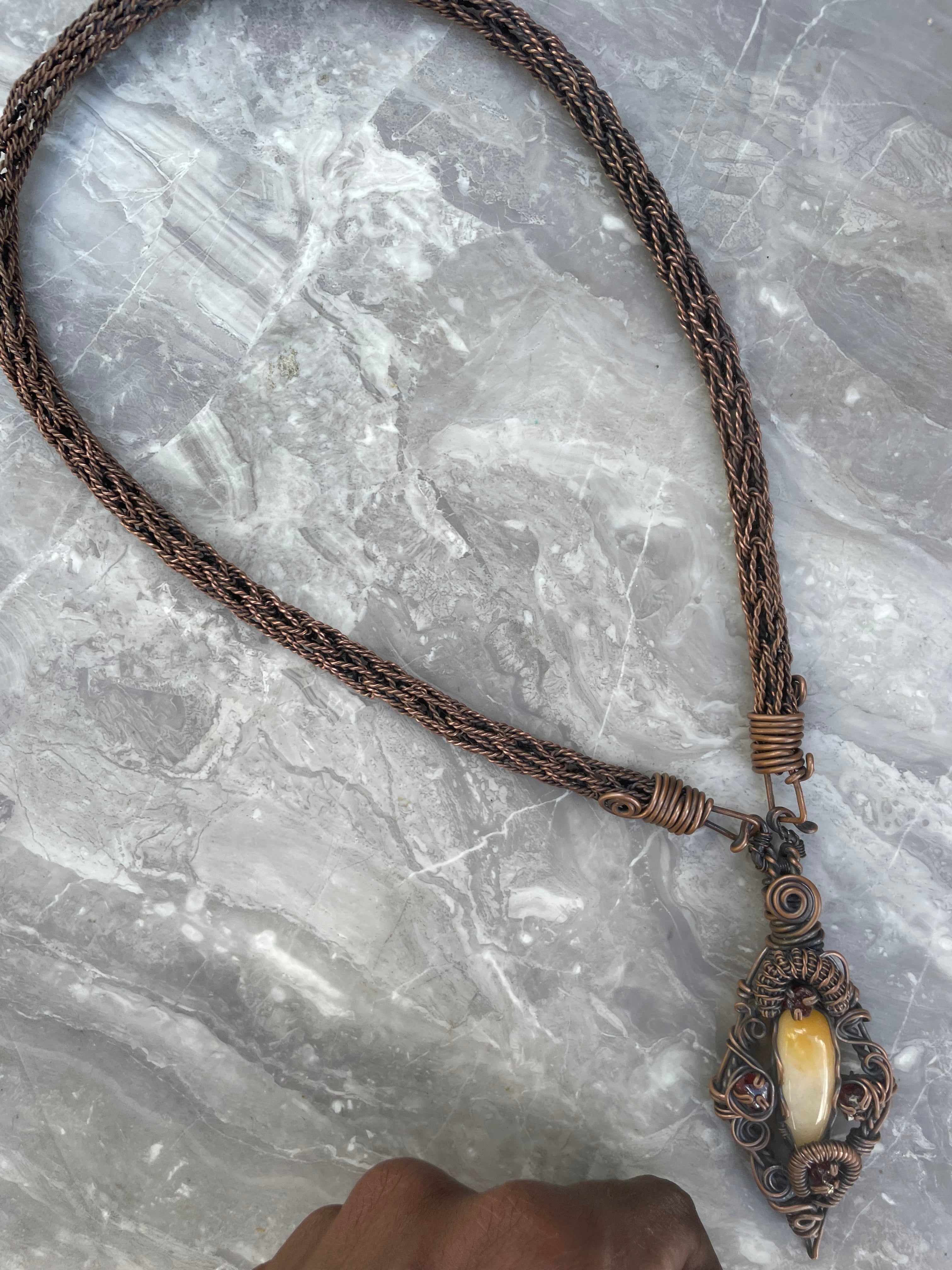 Yellow Aventurine with Garnet Copper Wire- Wrapped Necklace