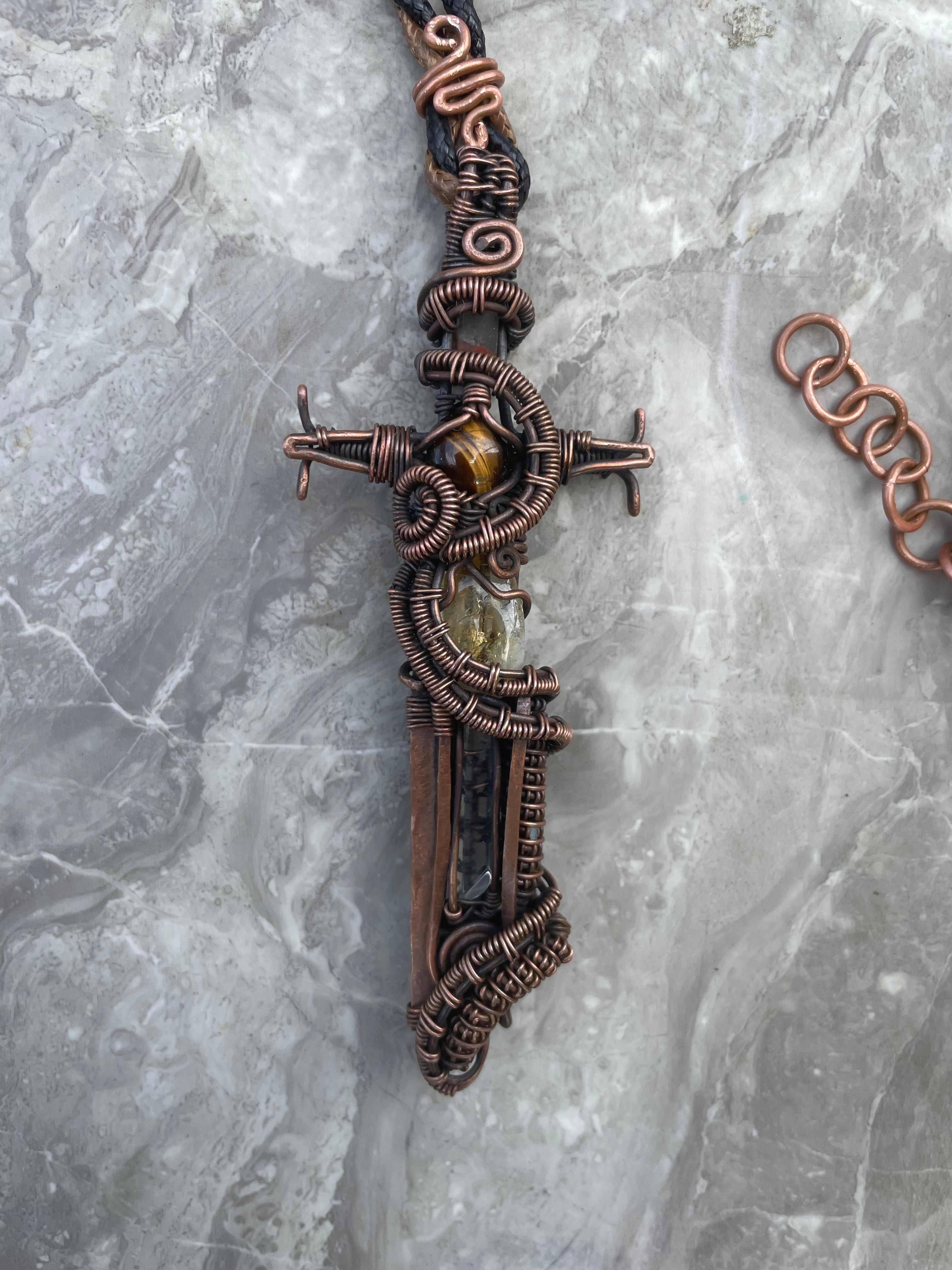 Warriors Sword Copper Necklace with Clear Quartz Citrine and Tiger Eye