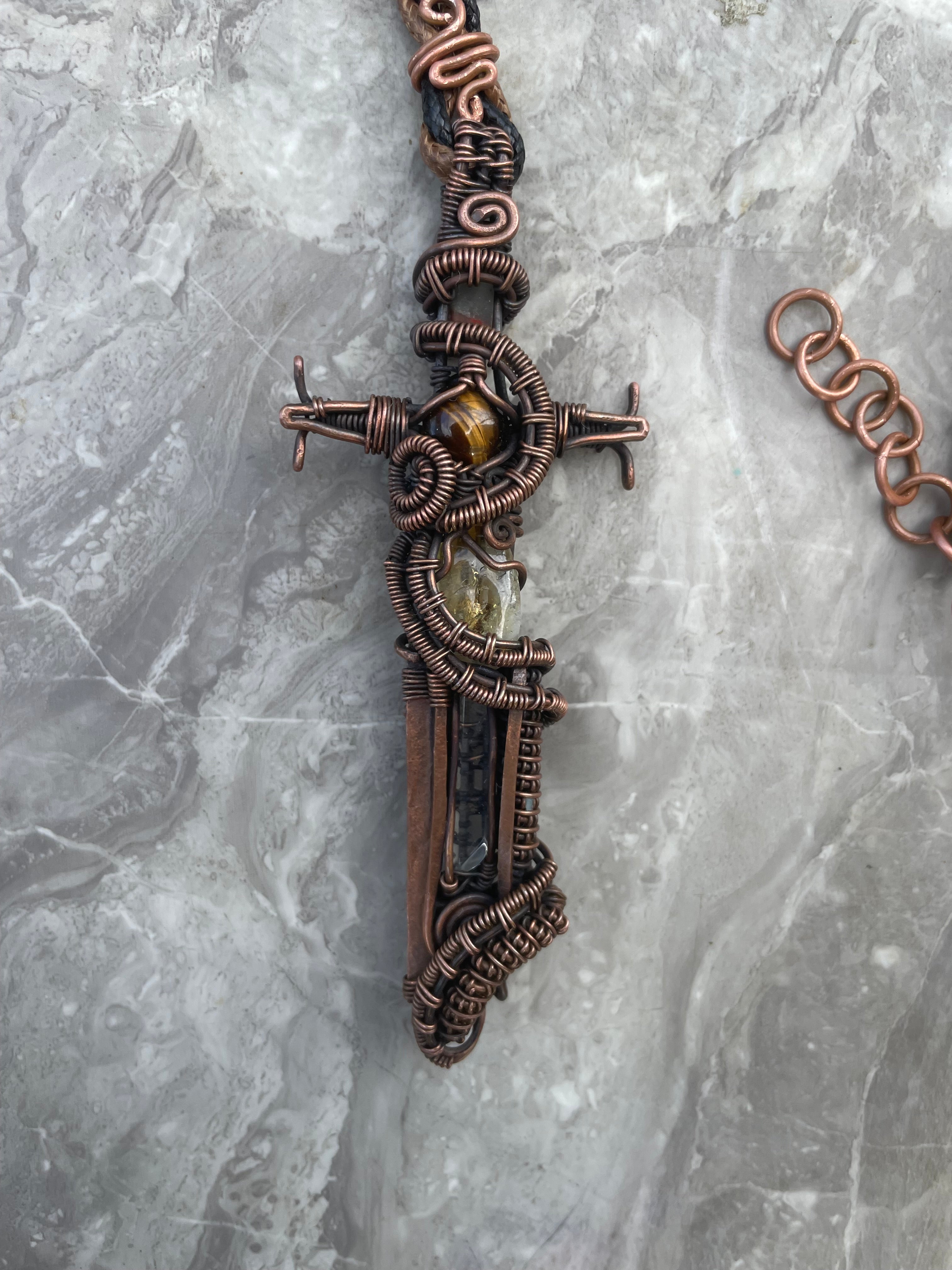 Warriors Sword Copper Necklace with Clear Quartz Citrine and Tiger Eye