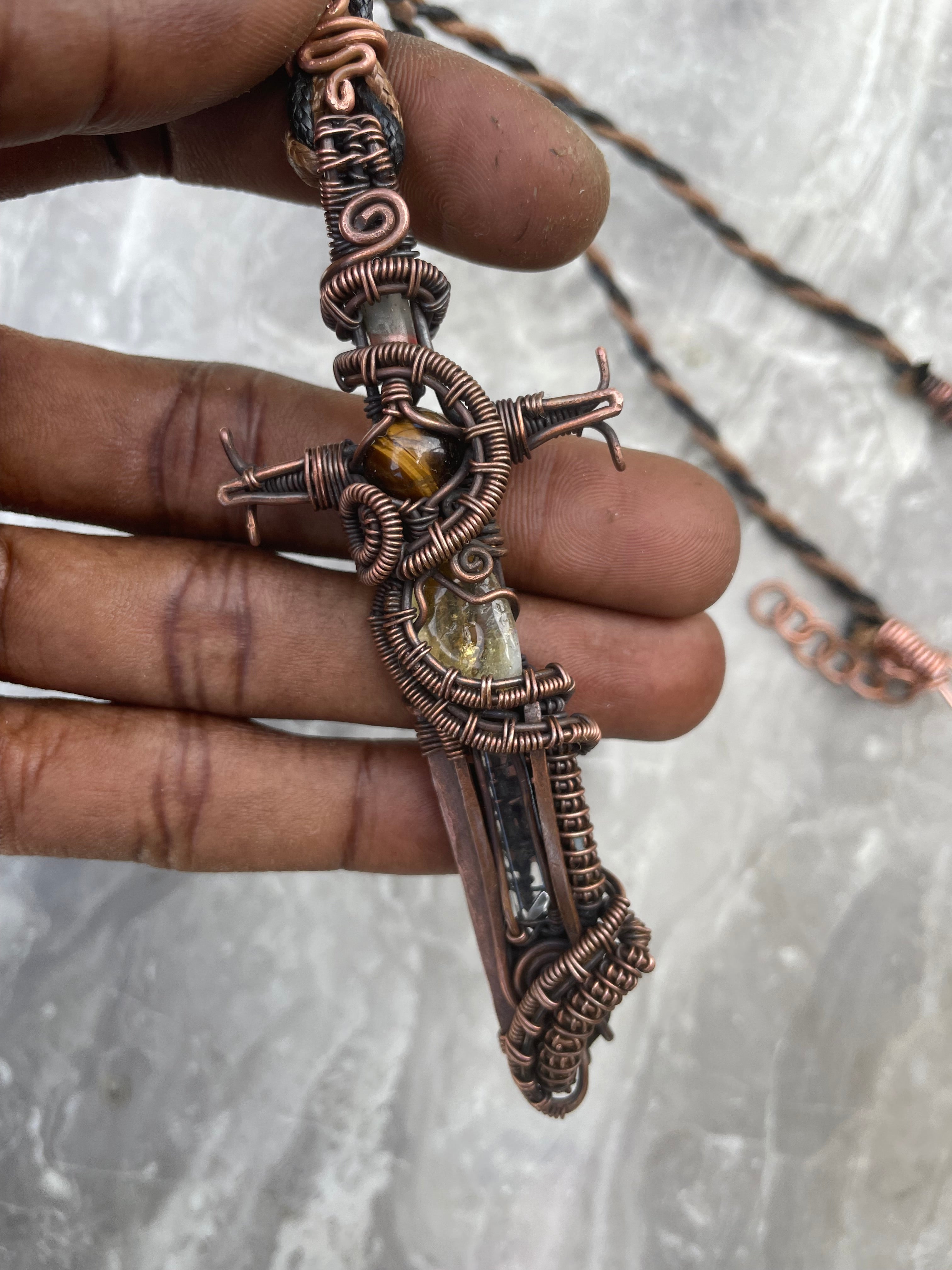 Warriors Sword Copper Necklace with Clear Quartz Citrine and Tiger Eye