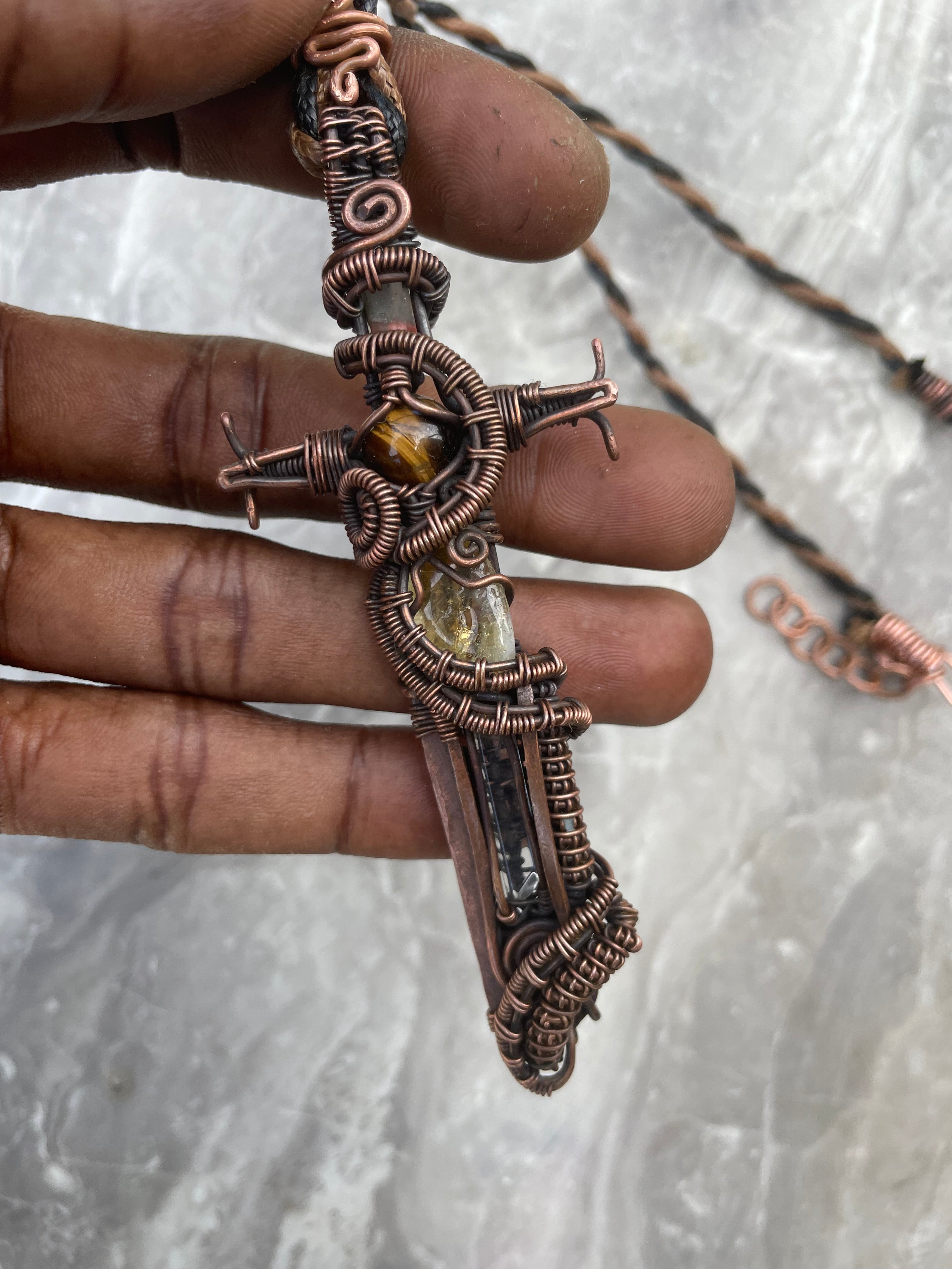 Warriors Sword Copper Necklace with Clear Quartz Citrine and Tiger Eye