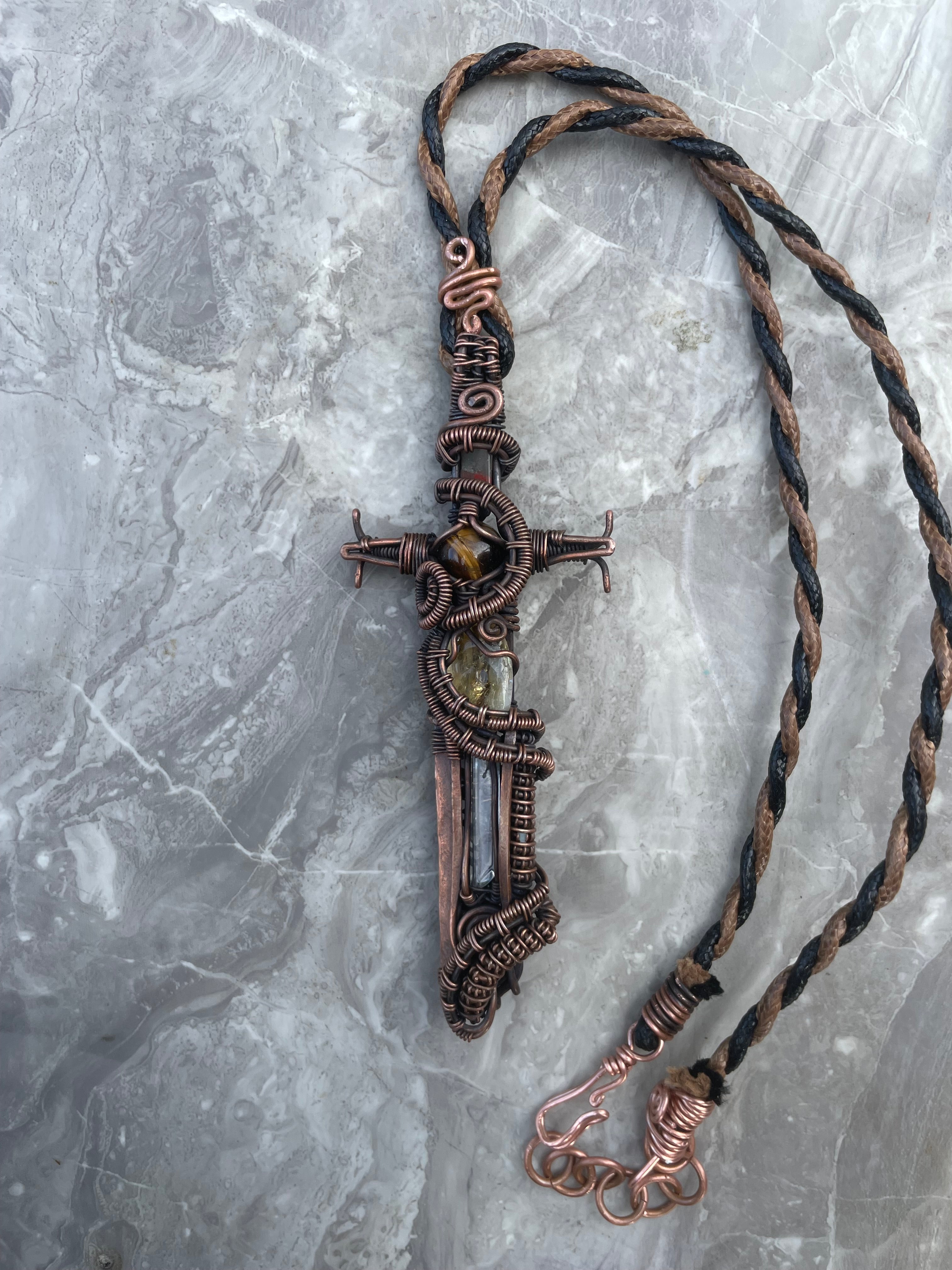 Warriors Sword Copper Necklace with Clear Quartz Citrine and Tiger Eye