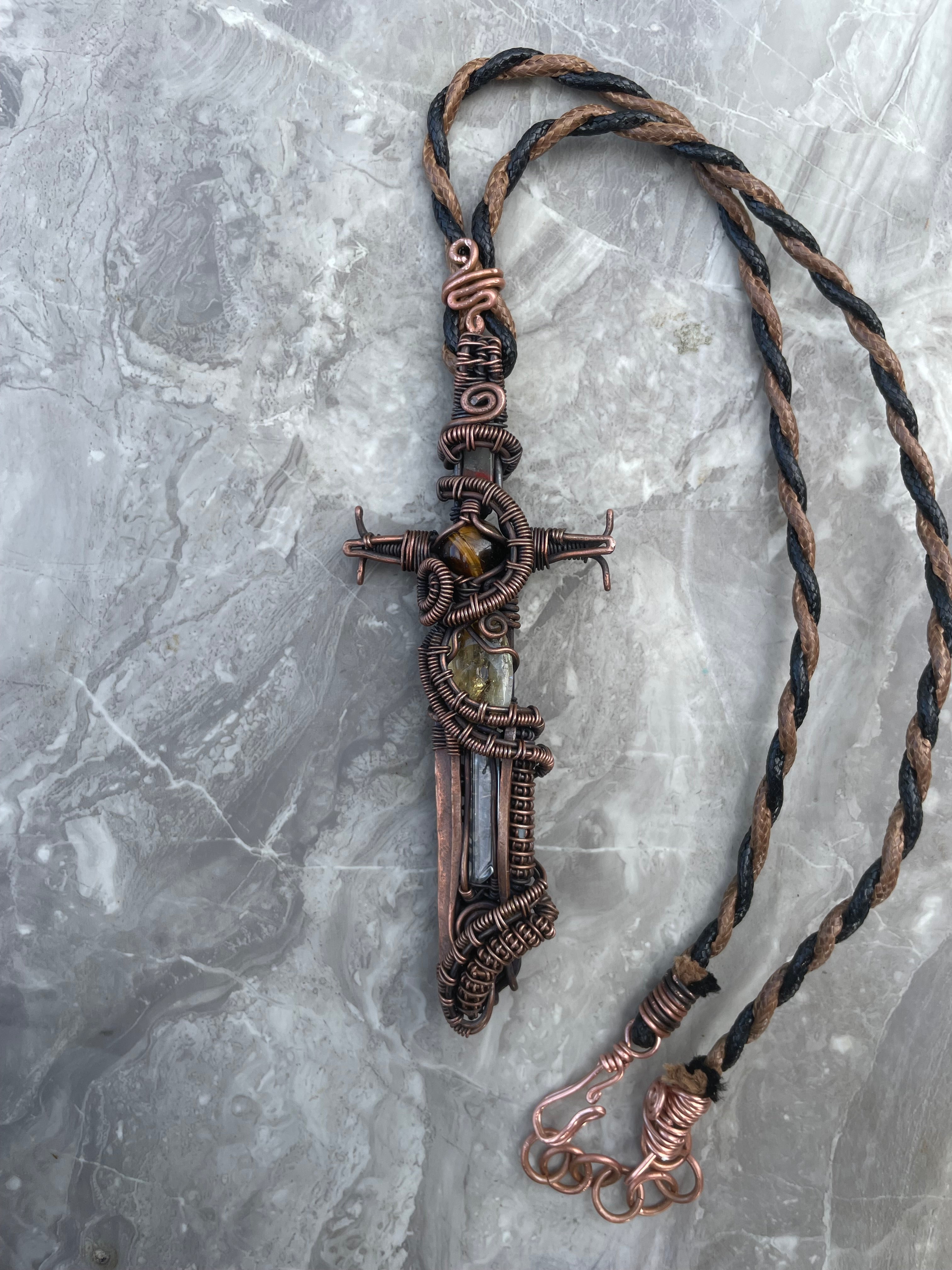 Warriors Sword Copper Necklace with Clear Quartz Citrine and Tiger Eye